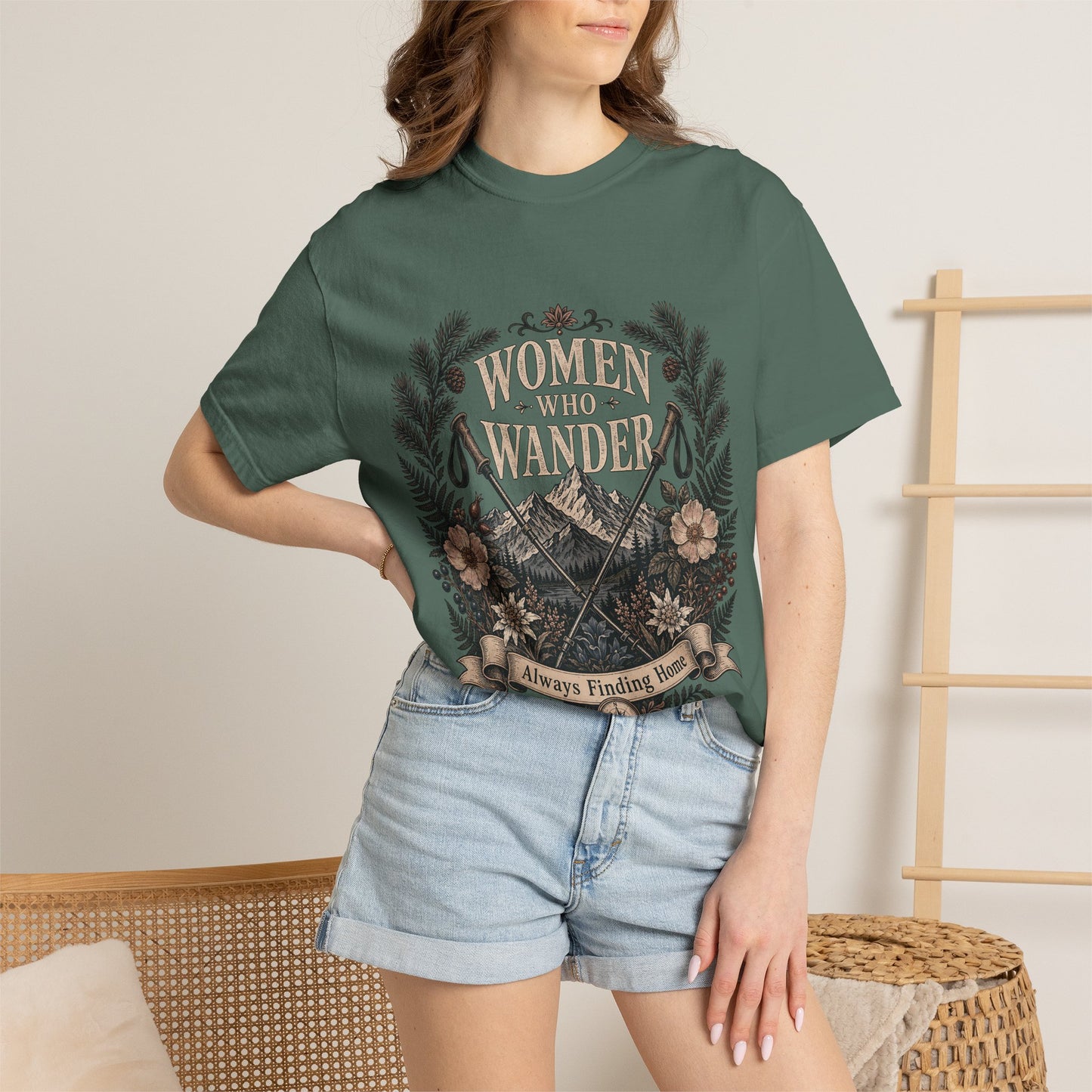 Women Who Wander T-Shirt — Adventure Floral Graphic Tee (“Always Finding Home”)
