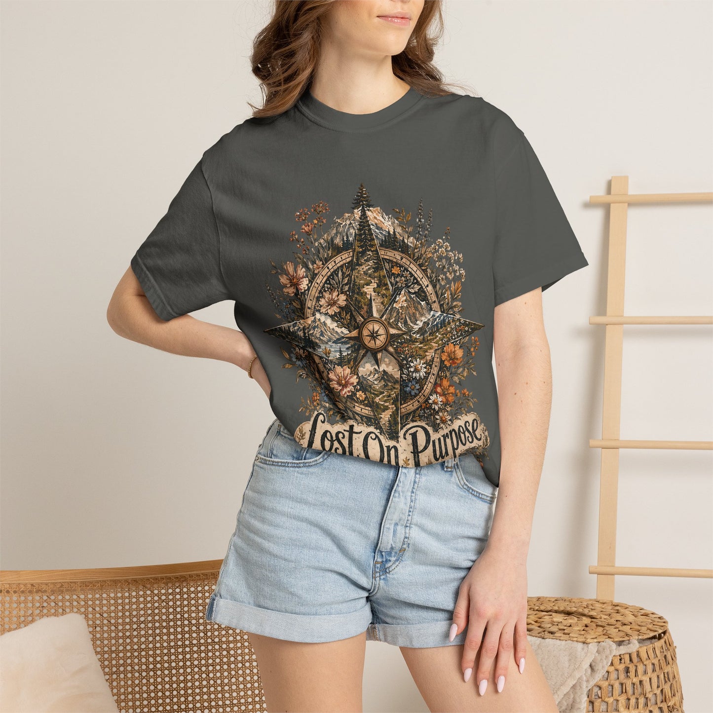 Lost on Purpose Compass T-Shirt — Floral Adventure Graphic Tee