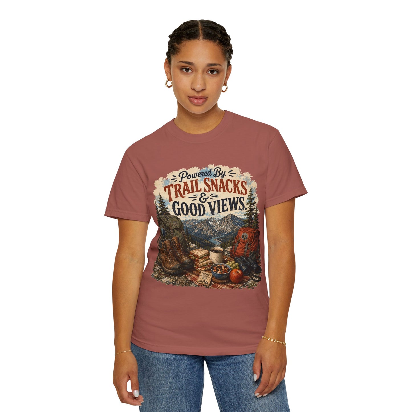 Trail Snacks & Good Views T-Shirt — Hiking Adventure Graphic Tee