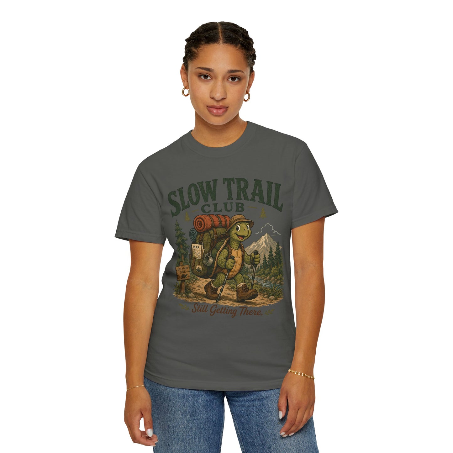 Slow Trail Club T-Shirt — “Still Getting There” Hiking Turtle Graphic Tee