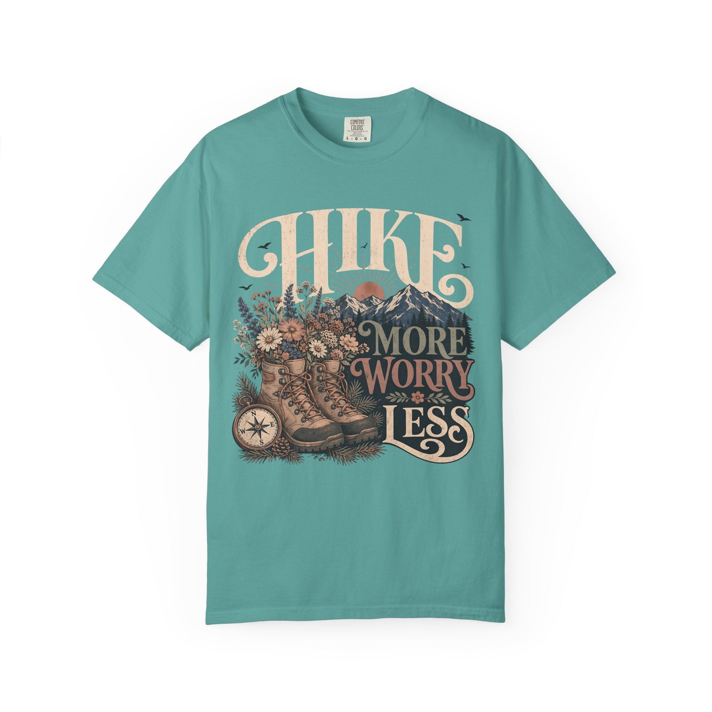 Hike More Worry Less T-Shirt — Vintage Hiking Boots & Mountain Graphic