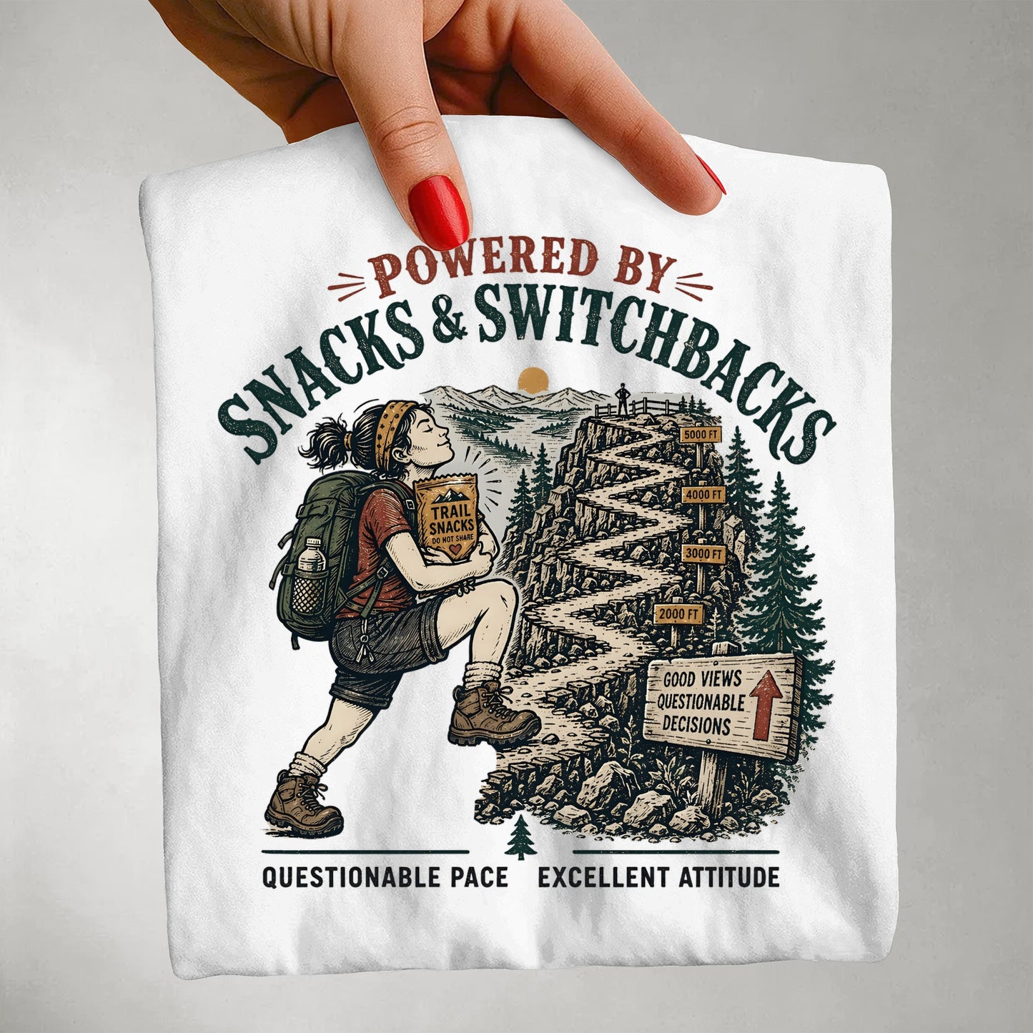 Hiking T-Shirt — "Powered by Snacks & Switchbacks" Vintage Trail Tee