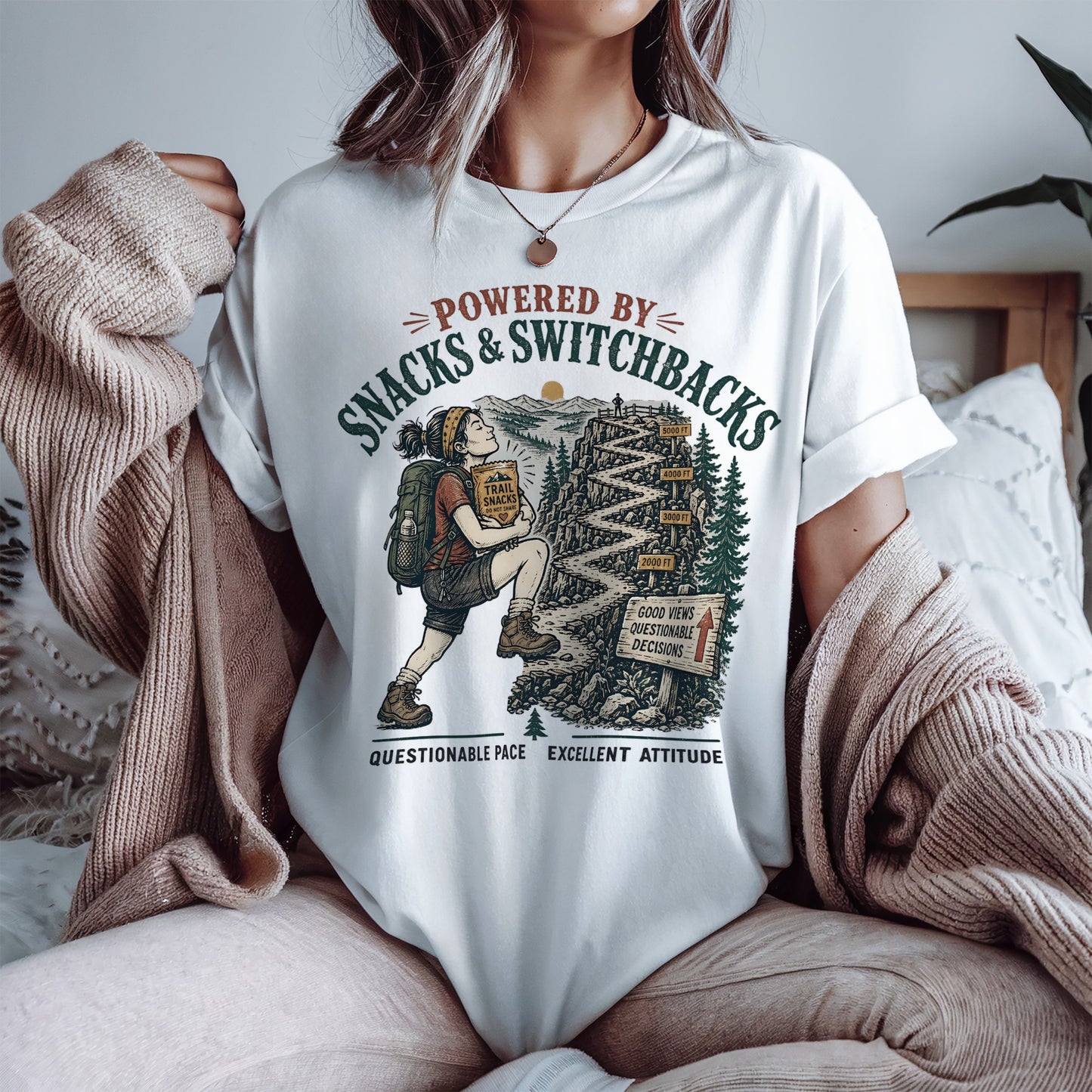 Hiking T-Shirt — "Powered by Snacks & Switchbacks" Vintage Trail Tee