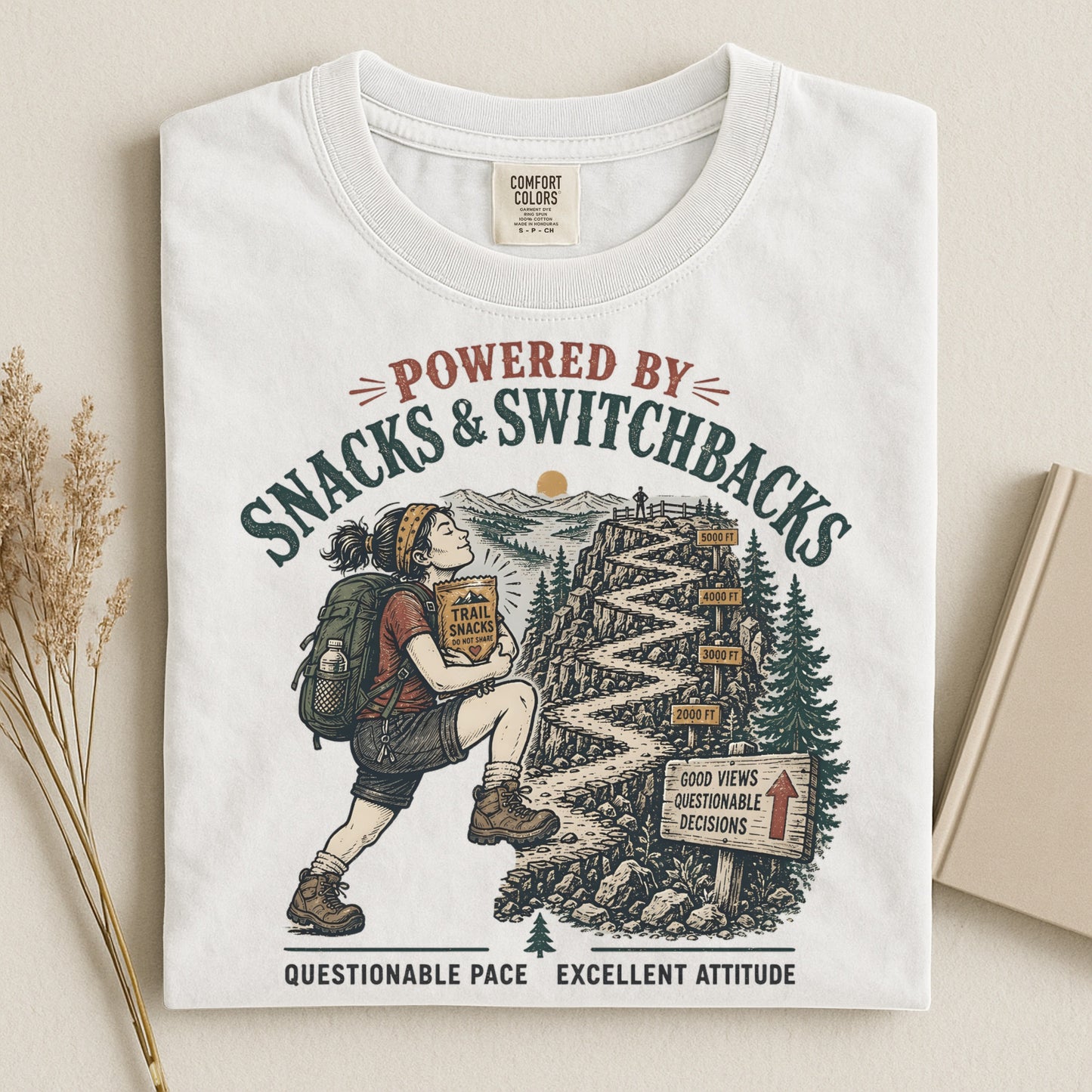 Hiking T-Shirt — "Powered by Snacks & Switchbacks" Vintage Trail Tee