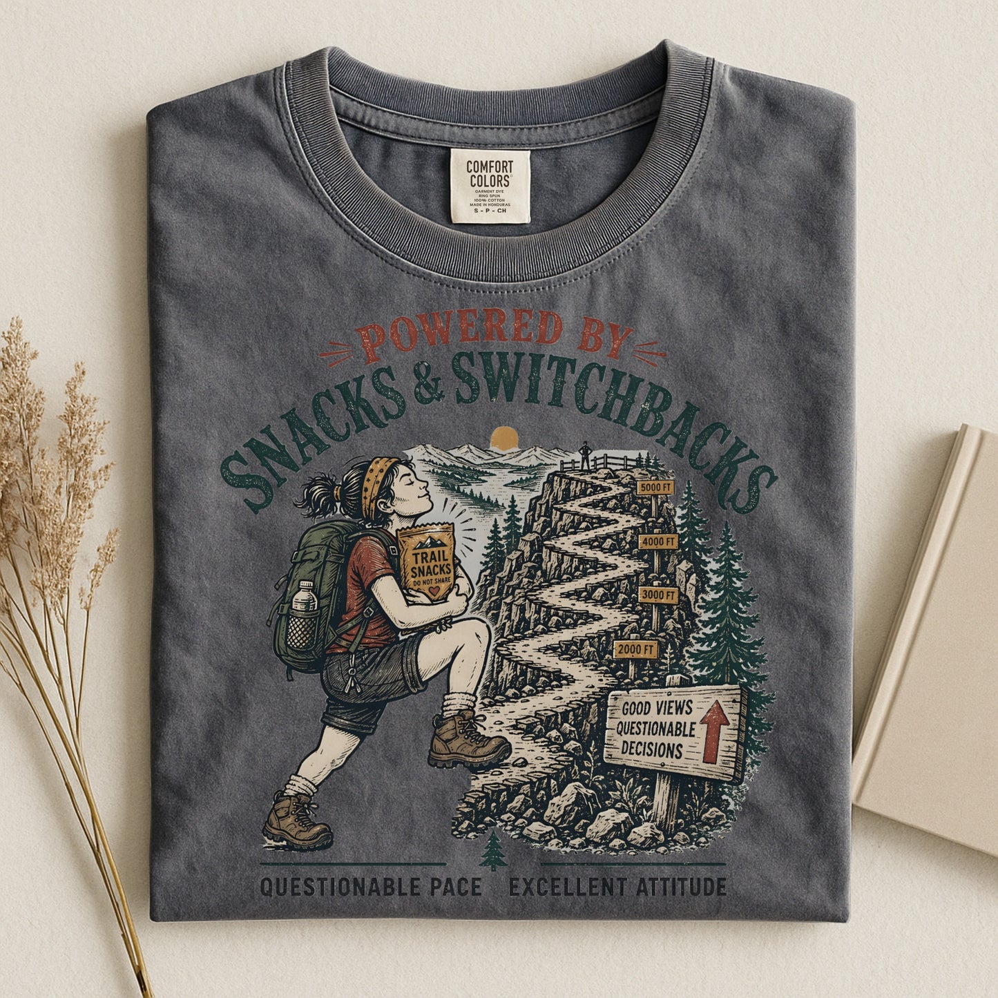 Hiking T-Shirt — "Powered by Snacks & Switchbacks" Vintage Trail Tee