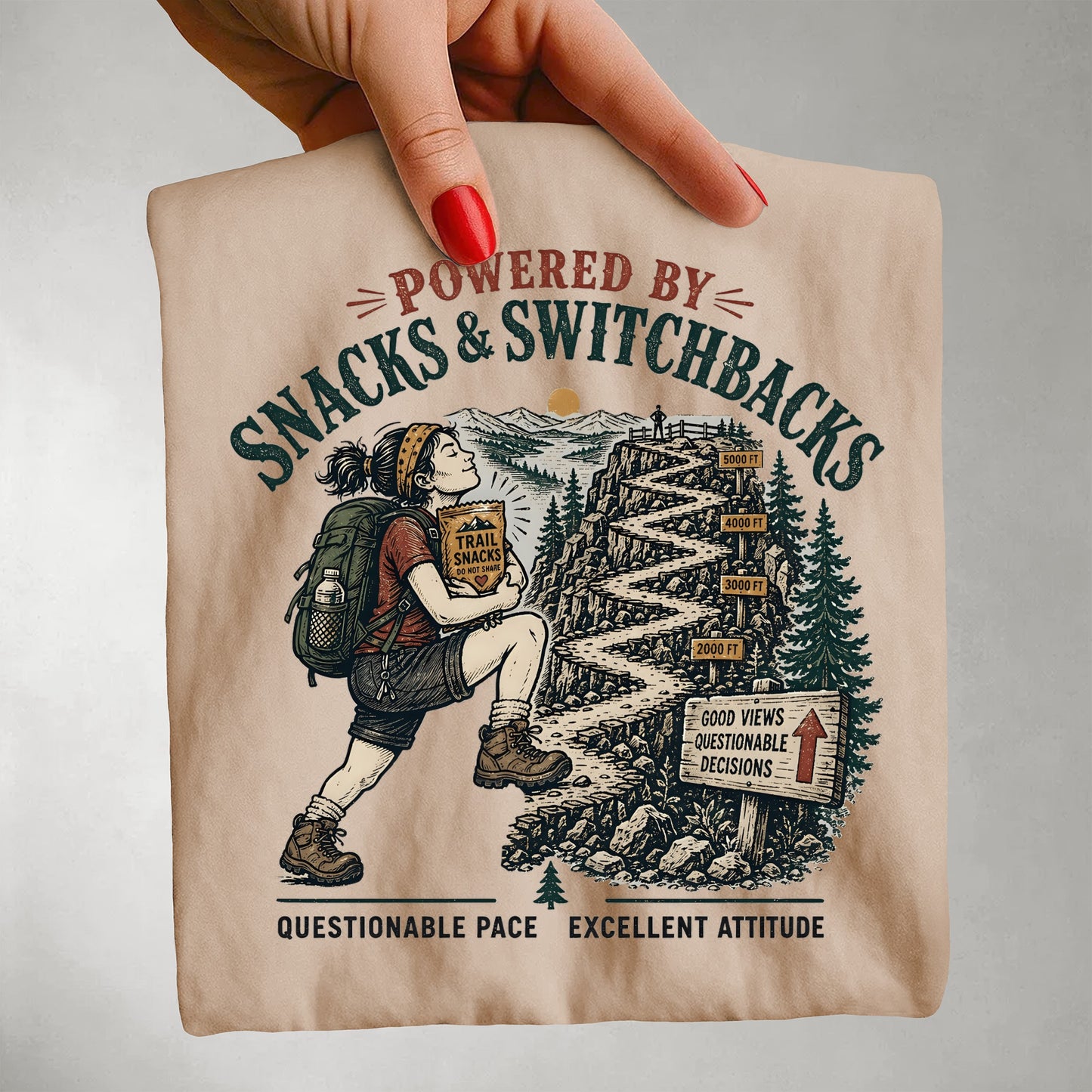 Hiking T-Shirt — "Powered by Snacks & Switchbacks" Vintage Trail Tee