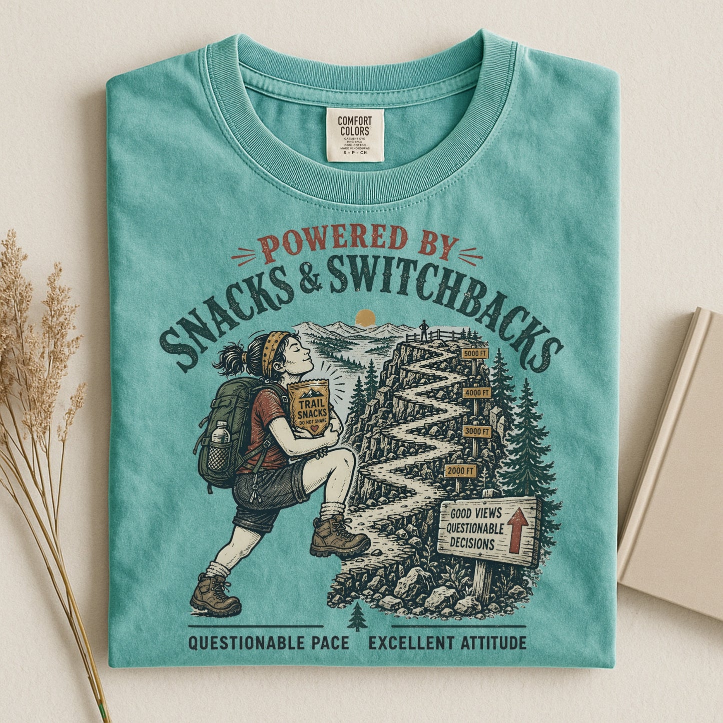 Hiking T-Shirt — "Powered by Snacks & Switchbacks" Vintage Trail Tee