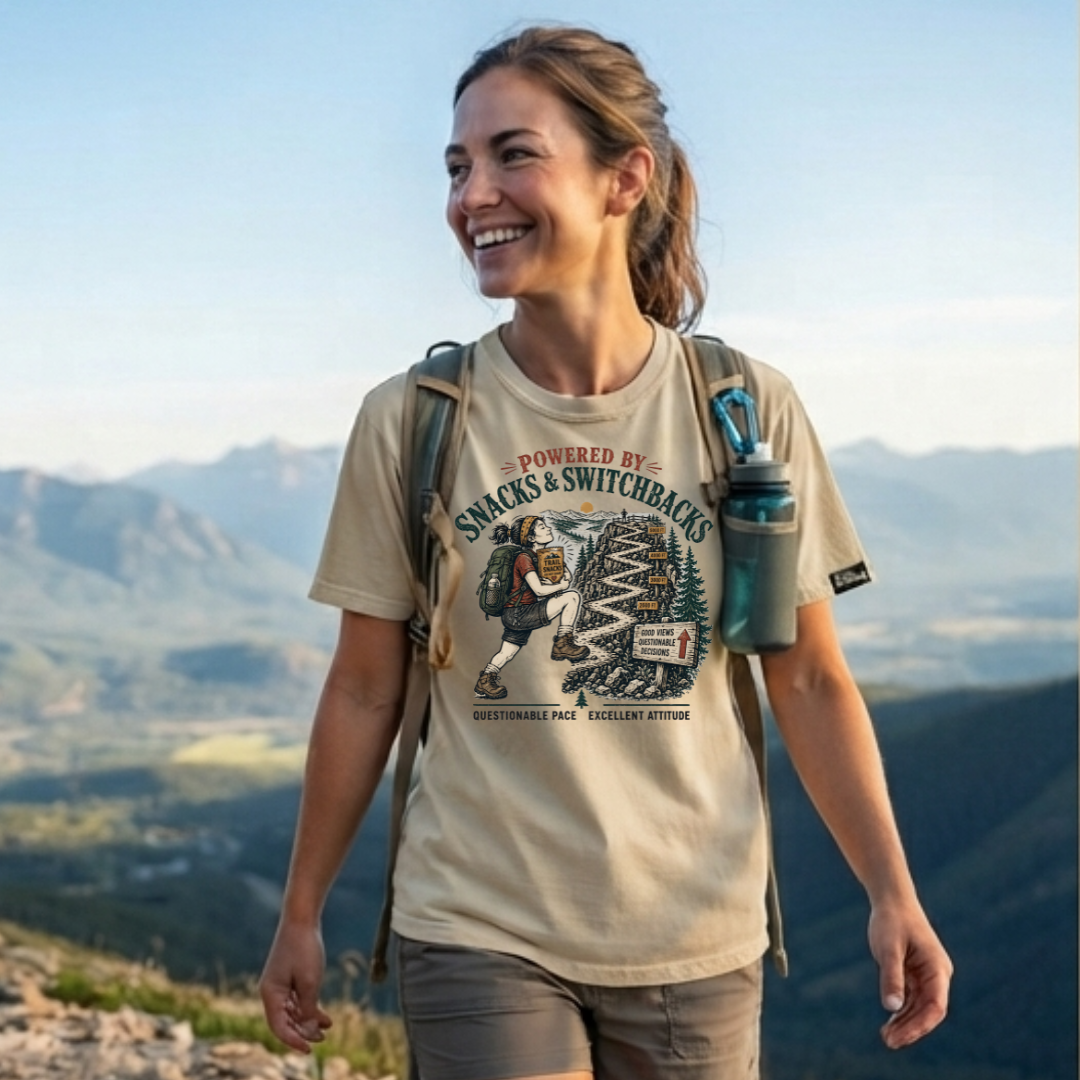 Hiking T-Shirt — "Powered by Snacks & Switchbacks" Vintage Trail Tee