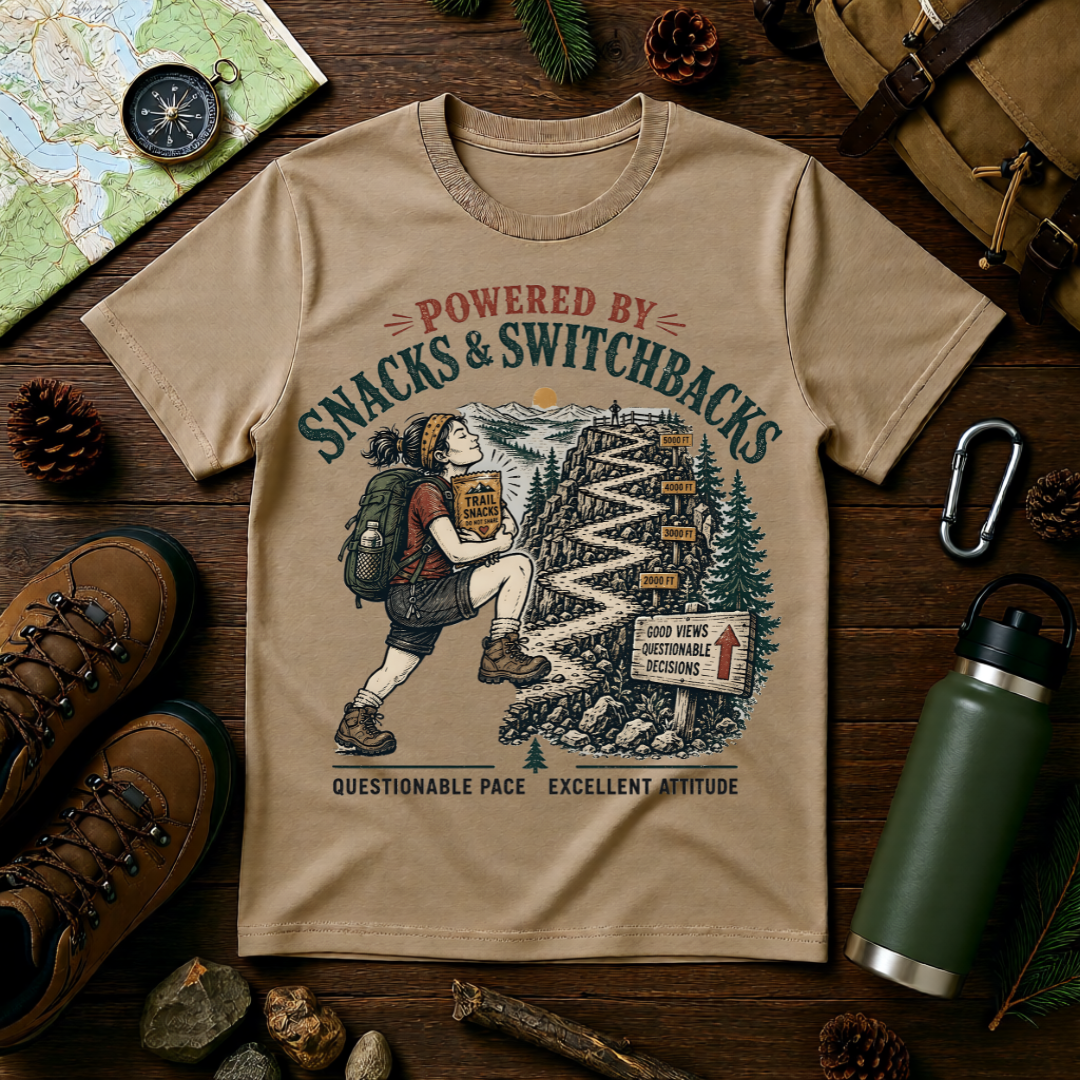 Hiking T-Shirt — "Powered by Snacks & Switchbacks" Vintage Trail Tee
