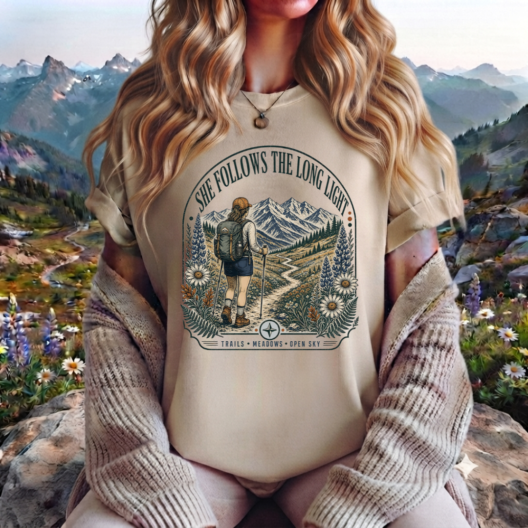 She Follows The Long Light Hiking T-Shirt — Adventure Backpacker Graphic Tee