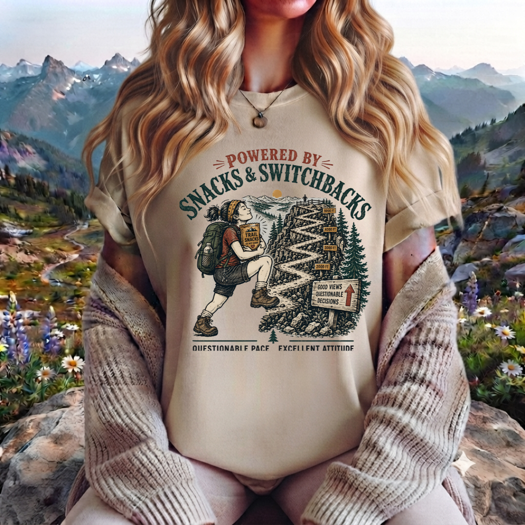 Hiking T-Shirt — "Powered by Snacks & Switchbacks" Outdoor Trail Tee