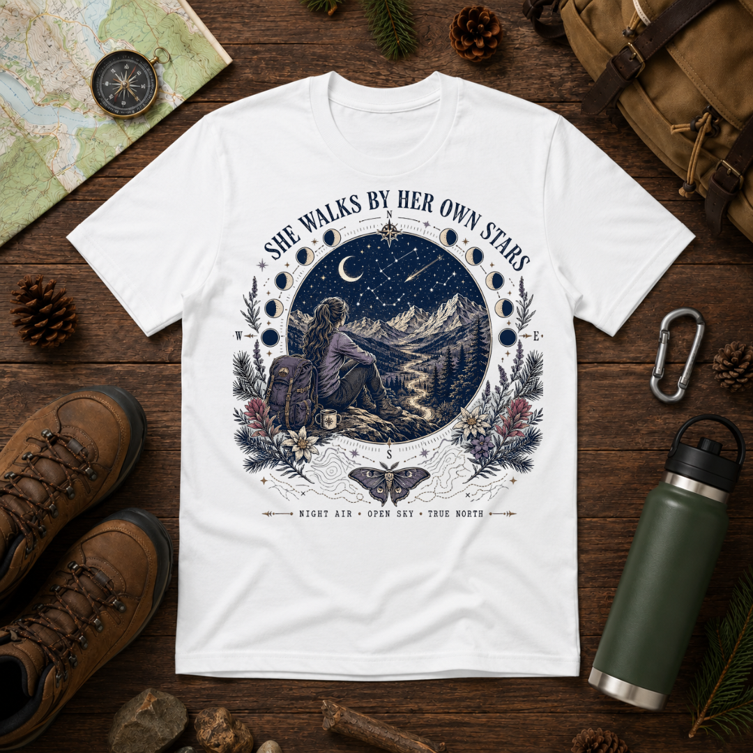 She Walks By Her Own Stars T-Shirt — Night Sky Adventure Graphic Tee