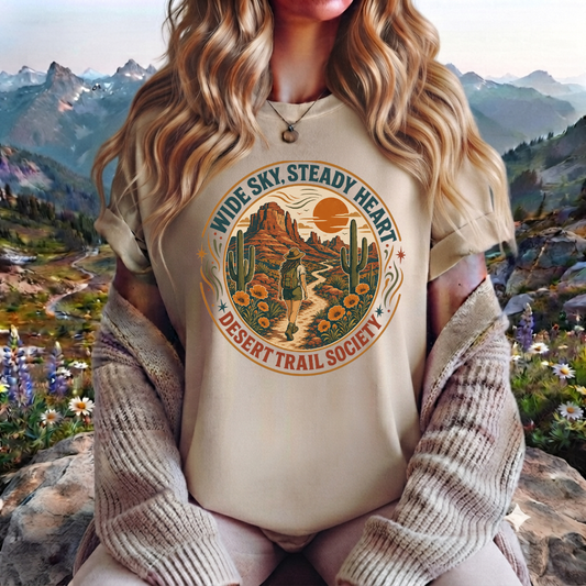 Desert Trail Society T-Shirt — "Wide Sky, Steady Heart" Retro Desert Graphic Tee