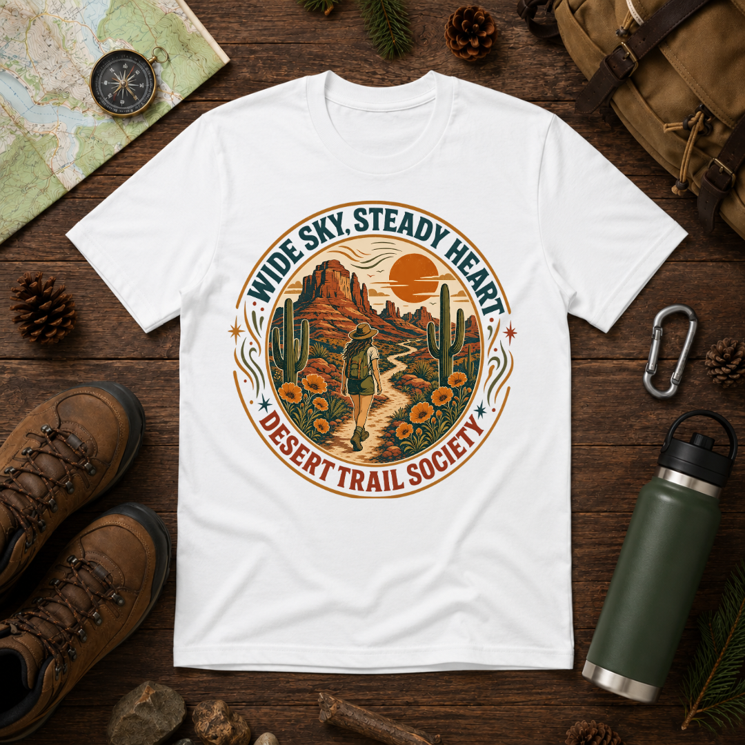 Desert Trail Society T-Shirt — "Wide Sky, Steady Heart" Retro Desert Graphic Tee