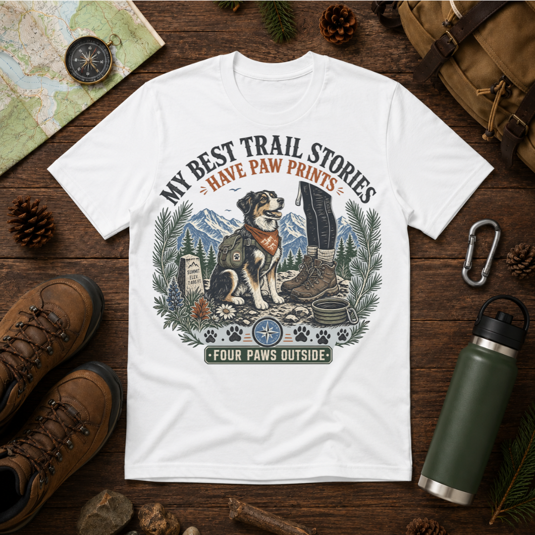 Dog Hiking T-Shirt — “My Best Trail Stories Have Paw Prints” Outdoor Adventure Tee