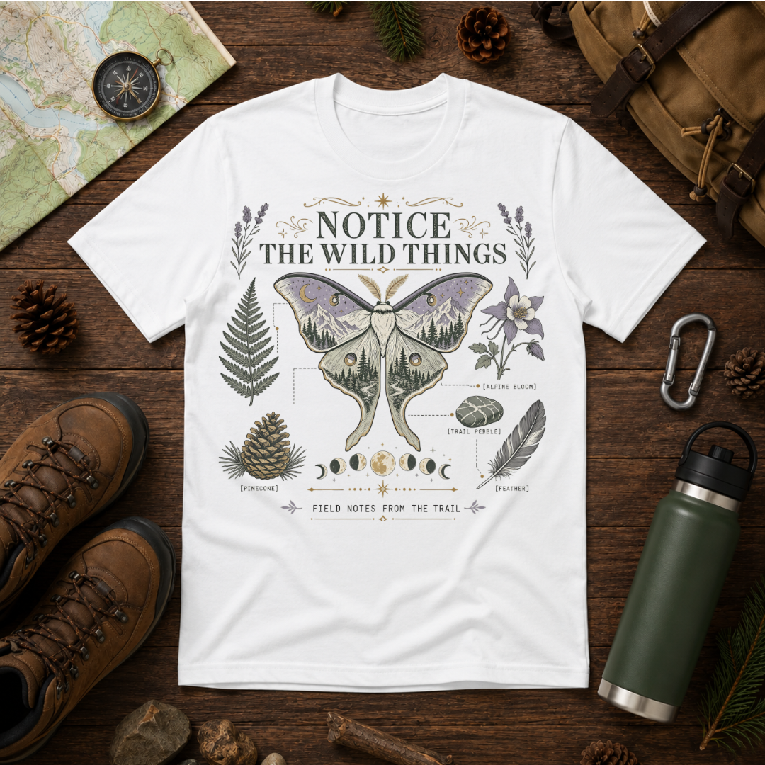 Nature-Inspired T-Shirt — “Notice the Wild Things” Moth & Botanical Graphic