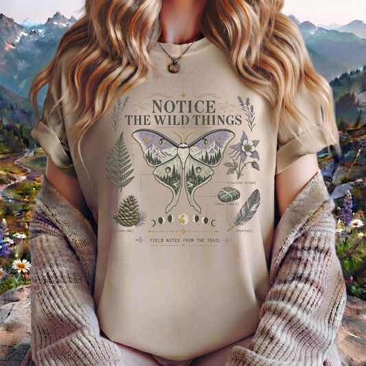 Nature-Inspired T-Shirt — “Notice the Wild Things” Moth & Botanical Graphic