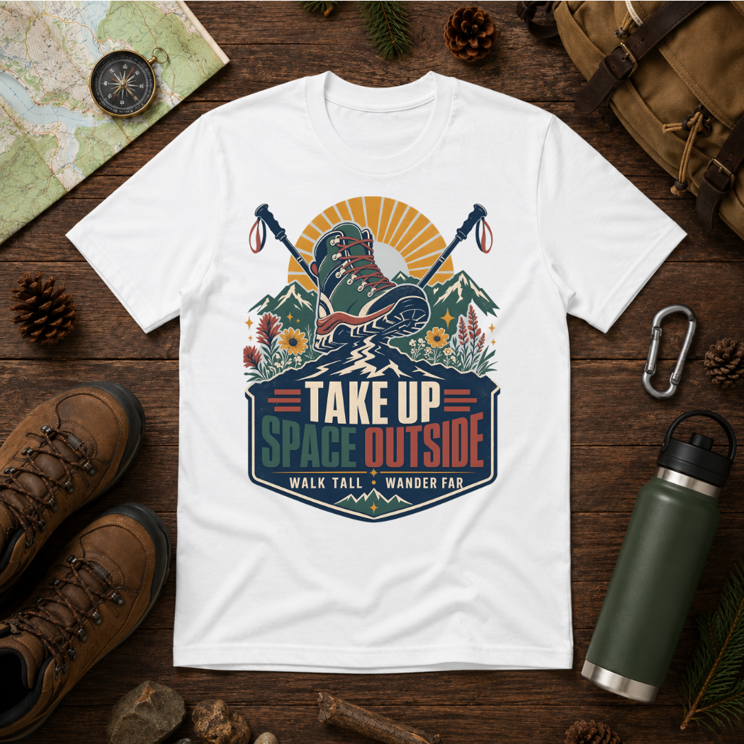 Take Up Space Outside Hiking T-Shirt — 'Walk Tall, Wander Far' Outdoor Adventure Tee