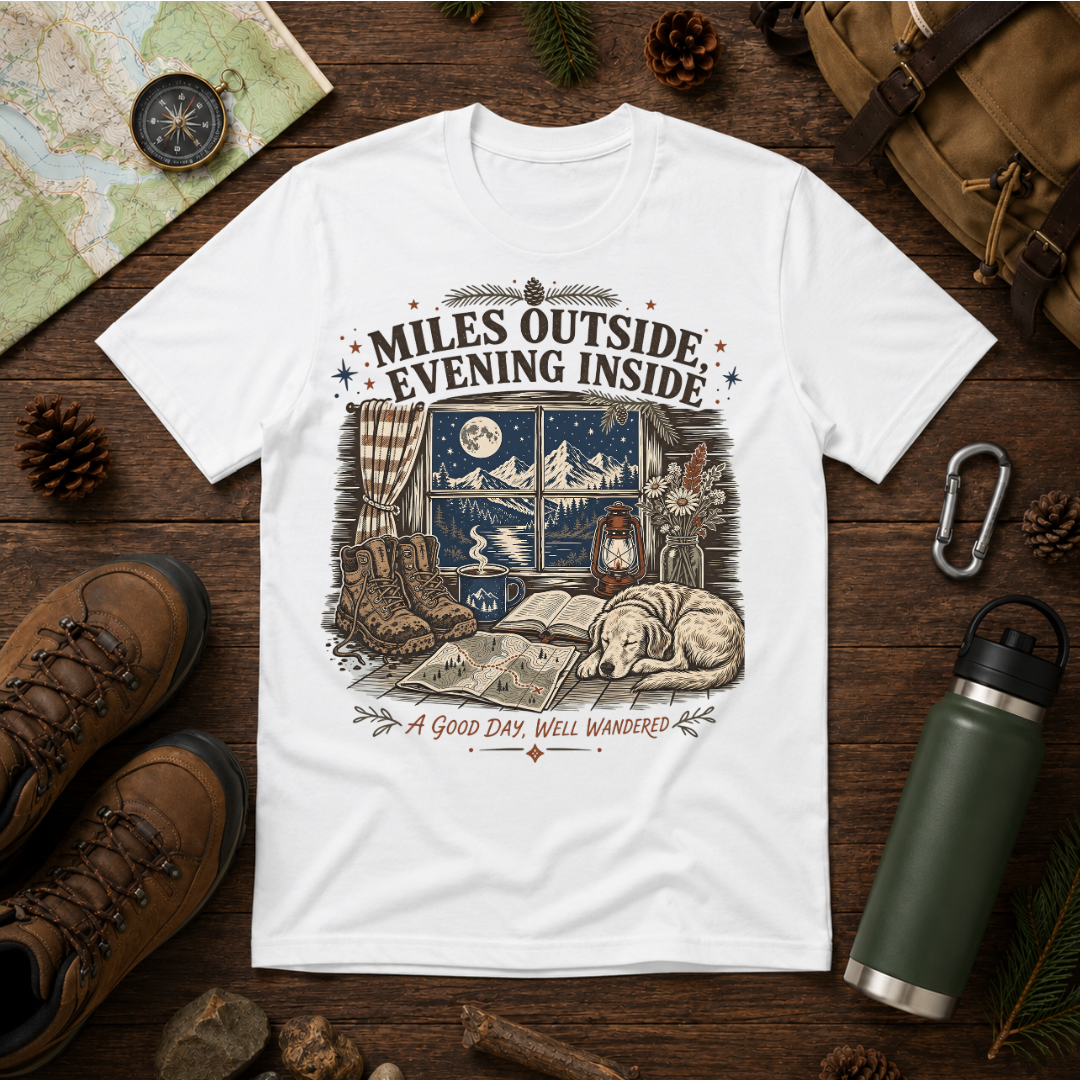Miles Outside Evening Inside T-Shirt – Cozy Cabin Adventure Graphic Tee