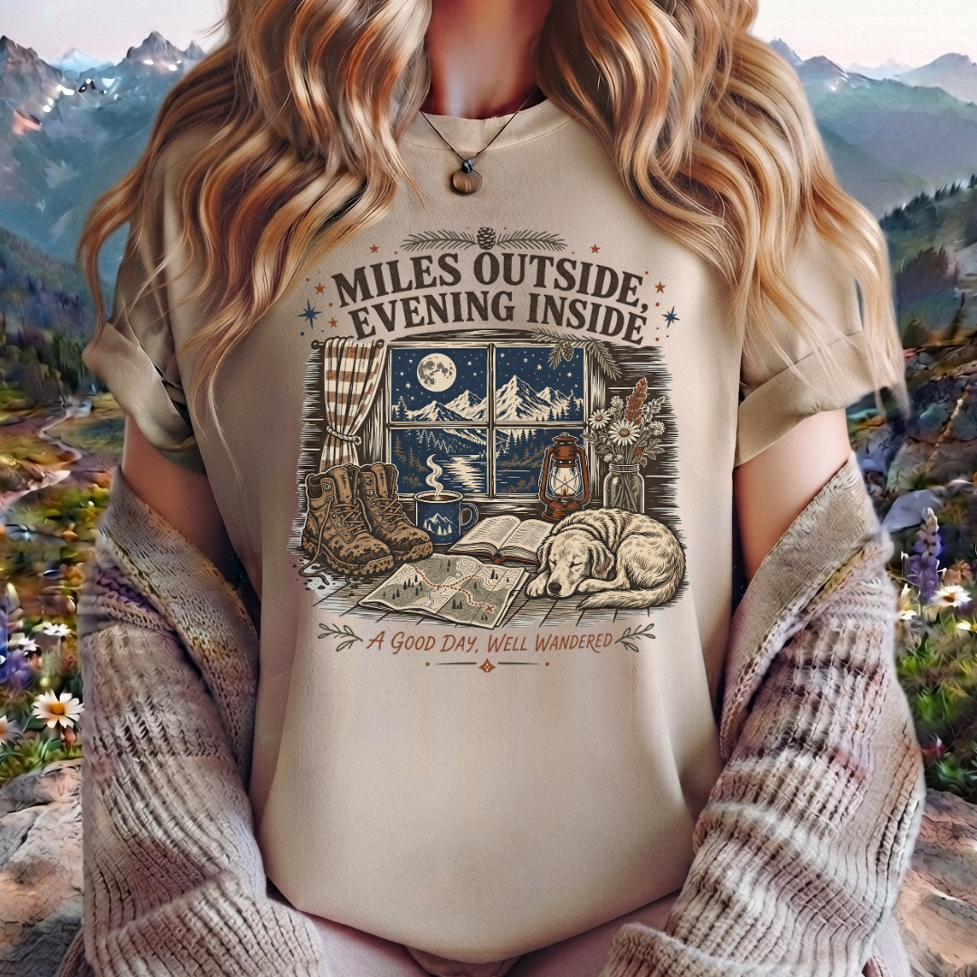 Miles Outside Evening Inside T-Shirt – Cozy Cabin Adventure Graphic Tee