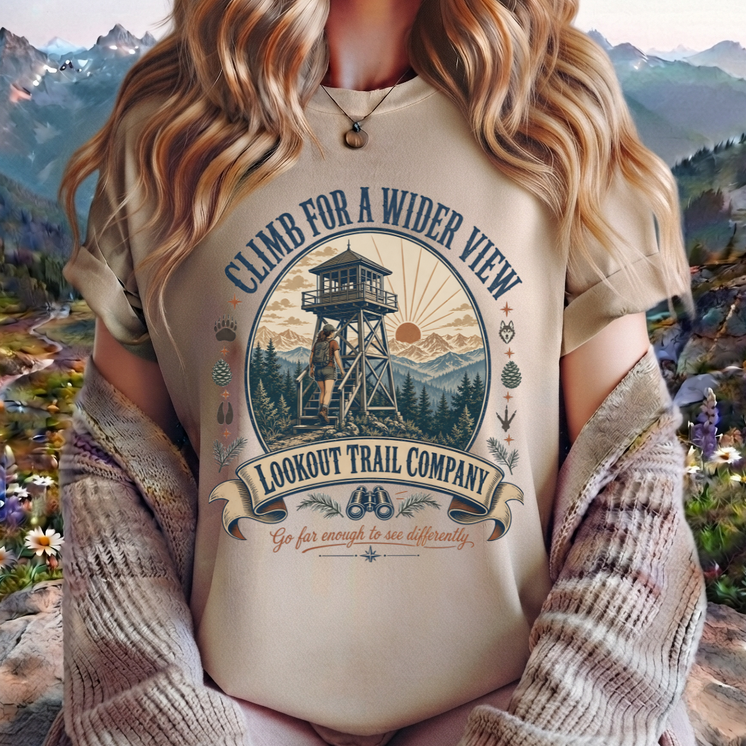 T-Shirt — "Climb for a Wider View" Lookout Trail Company Vintage Hiking Tee