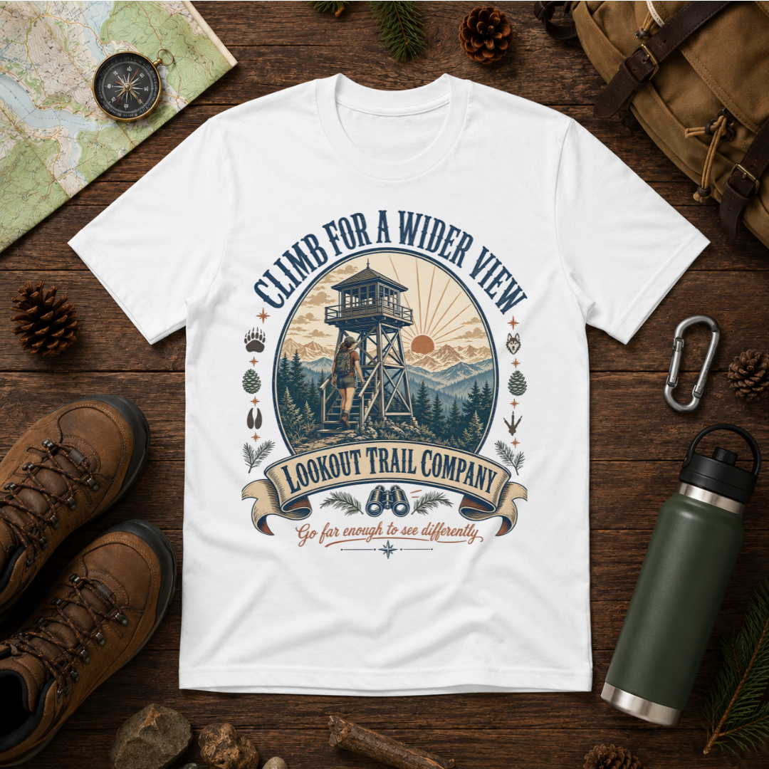T-Shirt — "Climb for a Wider View" Lookout Trail Company Vintage Hiking Tee