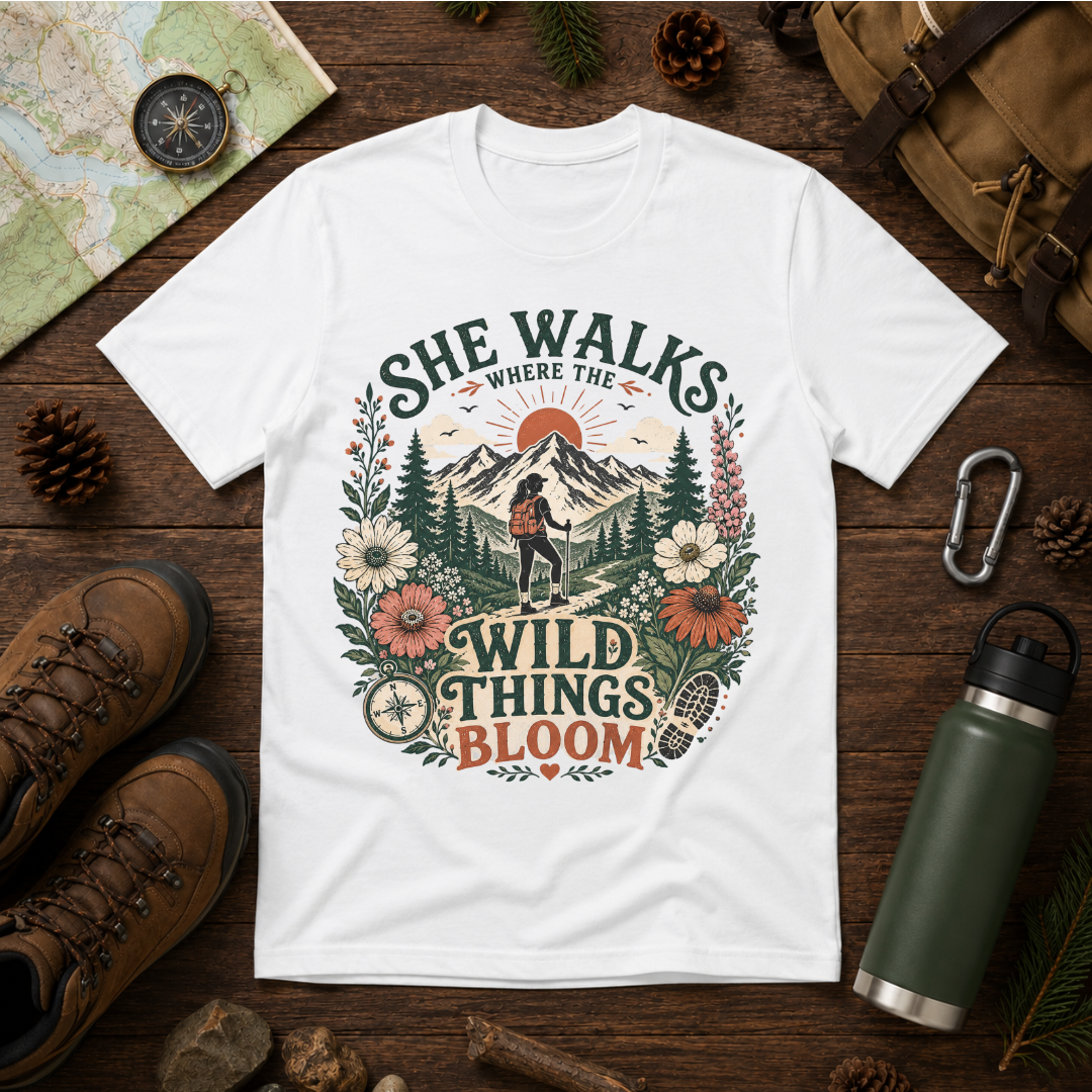 She Walks Where the Wild Things Bloom T-Shirt — Floral Vintage Hiking Tee
