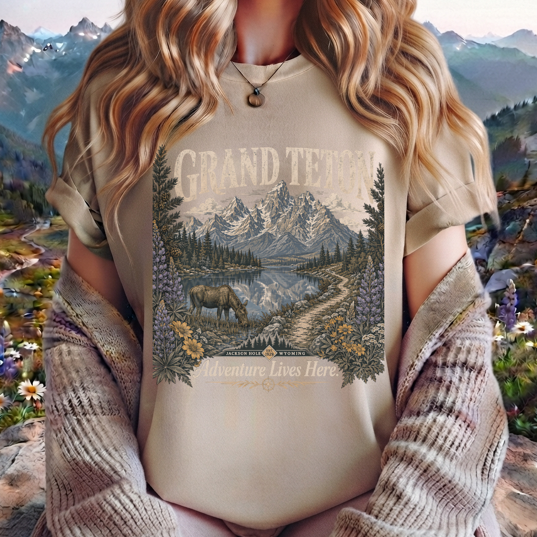 Grand Teton Scenic T-Shirt — 'Adventure Lives Here' Mountain & Moose Tee