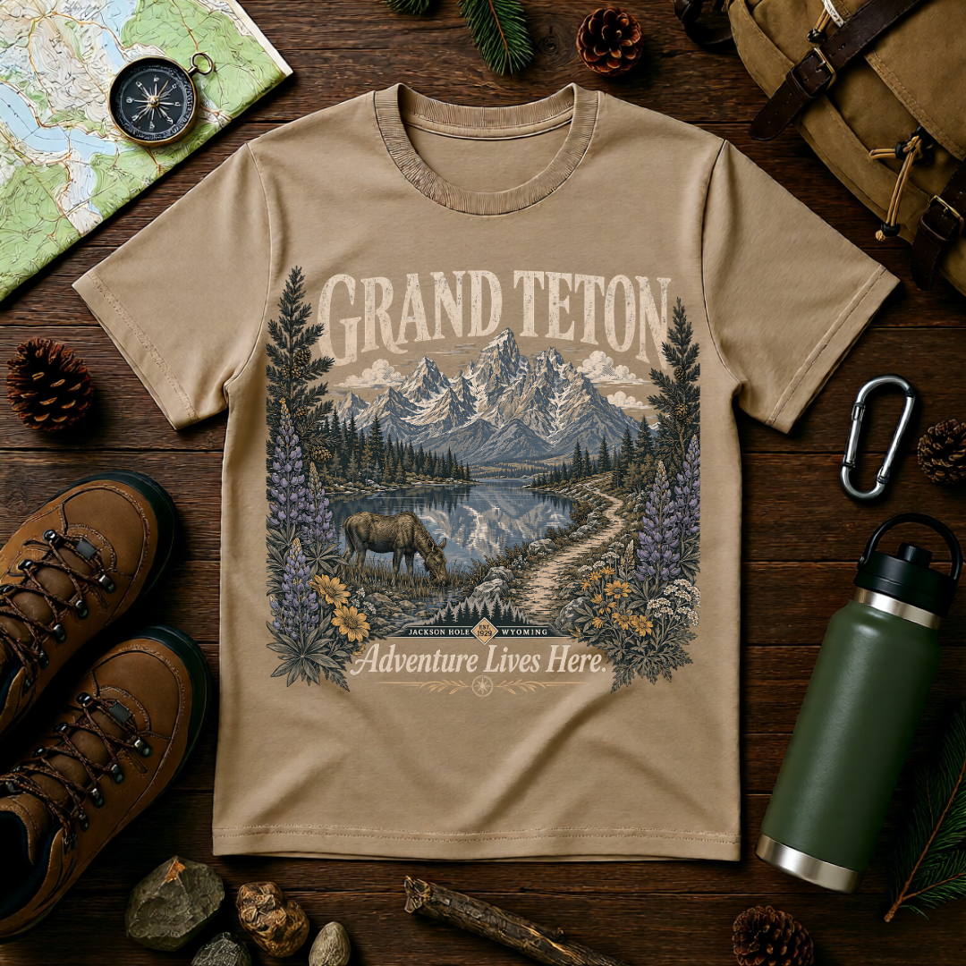 Grand Teton Scenic T-Shirt — 'Adventure Lives Here' Mountain & Moose Tee