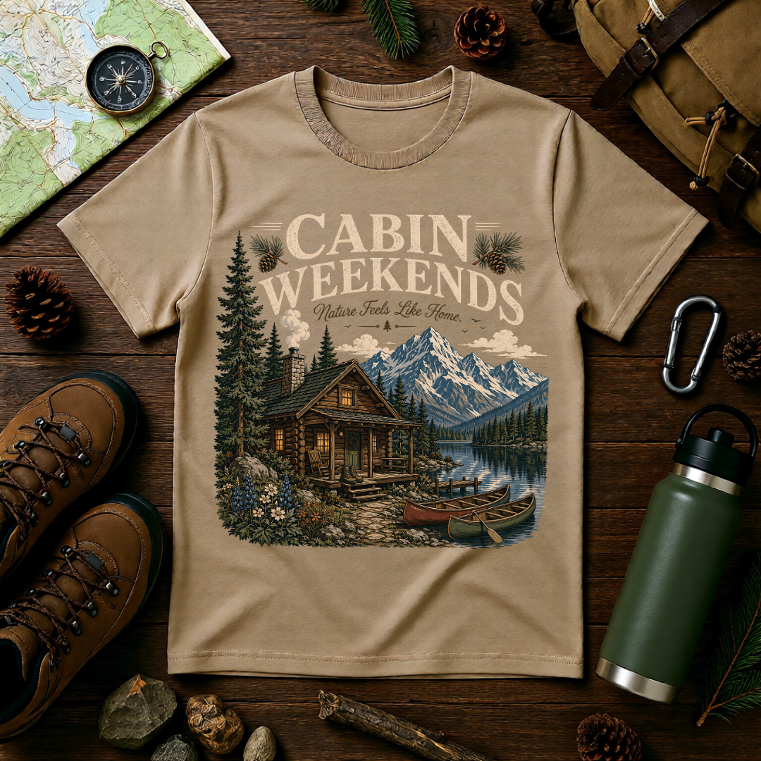 Cabin Weekends Graphic T-Shirt — Rustic Mountain Cabin Tee