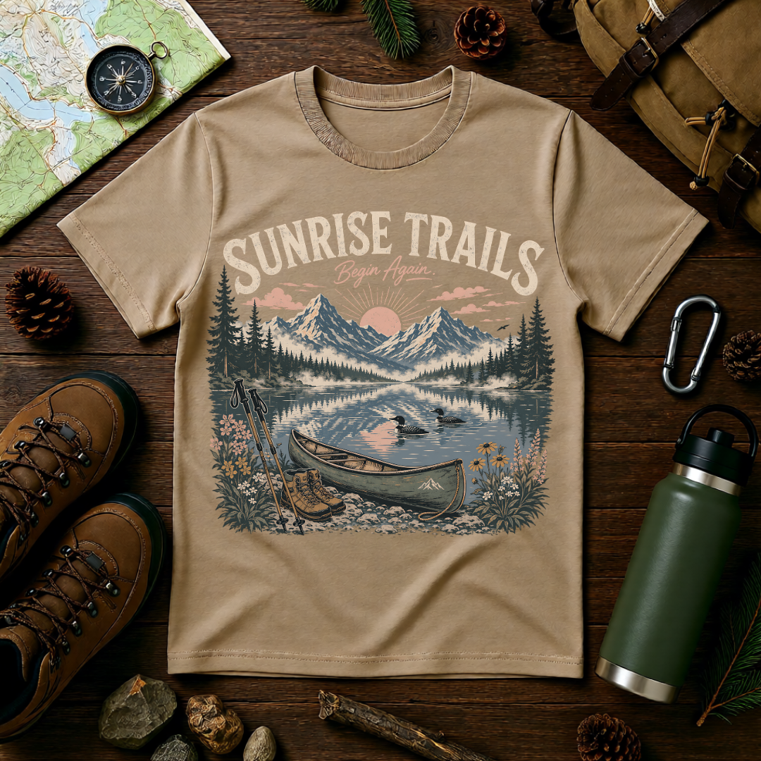 Sunrise Trails Canoe T-Shirt — Mountain Lake Outdoor Camping Graphic Tee