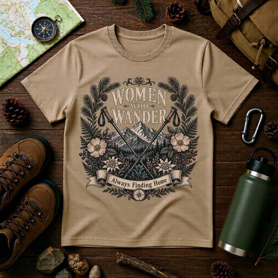 Women Who Wander T-Shirt — Adventure Floral Graphic Tee (“Always Finding Home”)