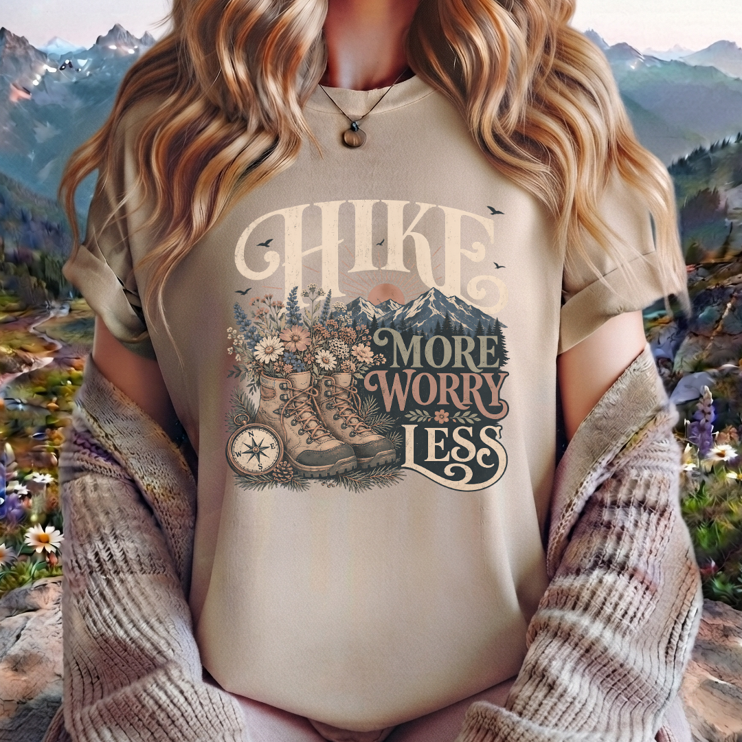 Hike More Worry Less T-Shirt — Vintage Hiking Boots & Mountain Graphic