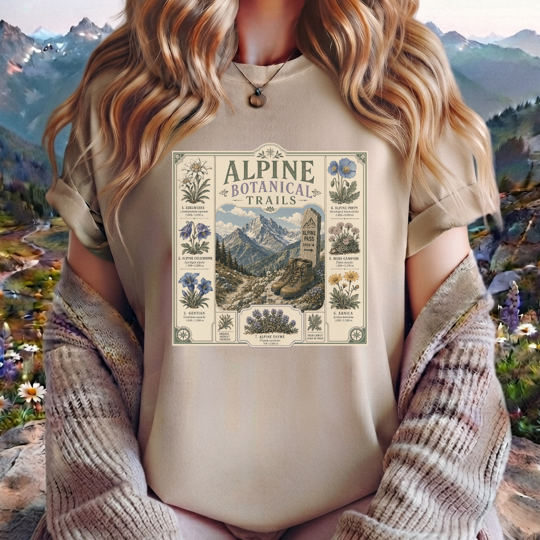 Alpine Botanical Trails T‑Shirt — Vintage Mountain & Wildflower Graphic