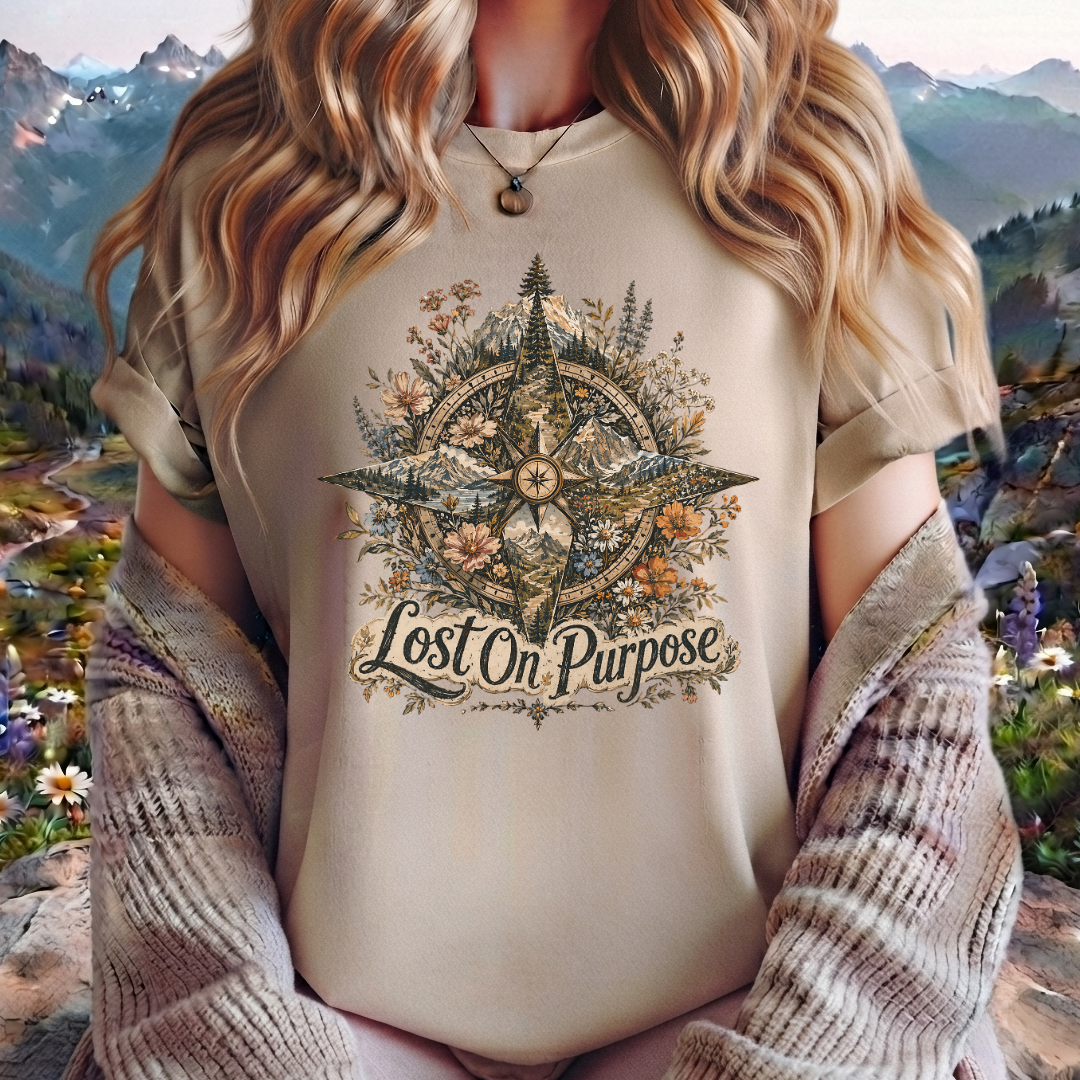 Lost on Purpose Compass T-Shirt — Floral Adventure Graphic Tee
