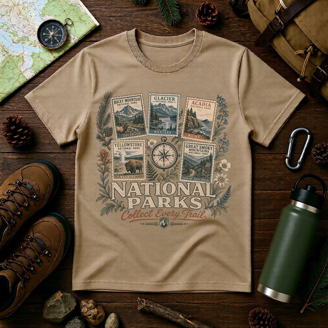 National Parks T-Shirt — 'Collect Every Trail' Vintage Park Stamps Design