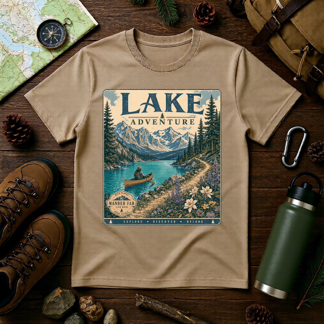 Lake Adventure T-Shirt — Retro Mountain Lake Graphic Tee
