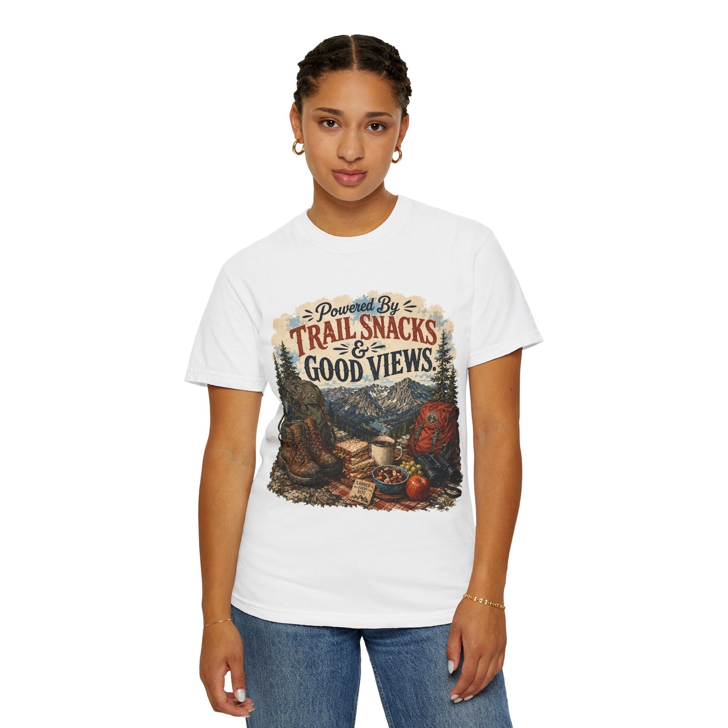 Trail Snacks & Good Views T-Shirt — Hiking Adventure Graphic Tee