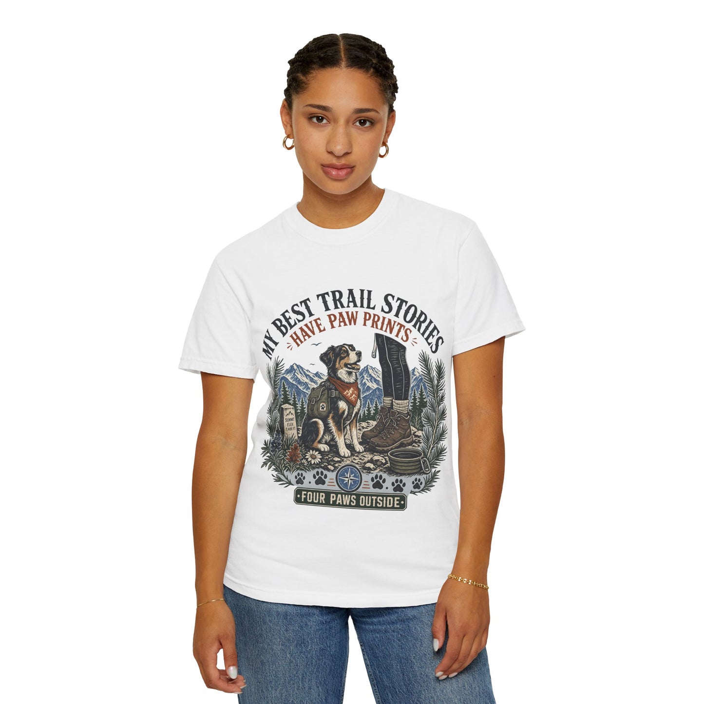Dog Hiking T-Shirt — “My Best Trail Stories Have Paw Prints” Outdoor Adventure Tee