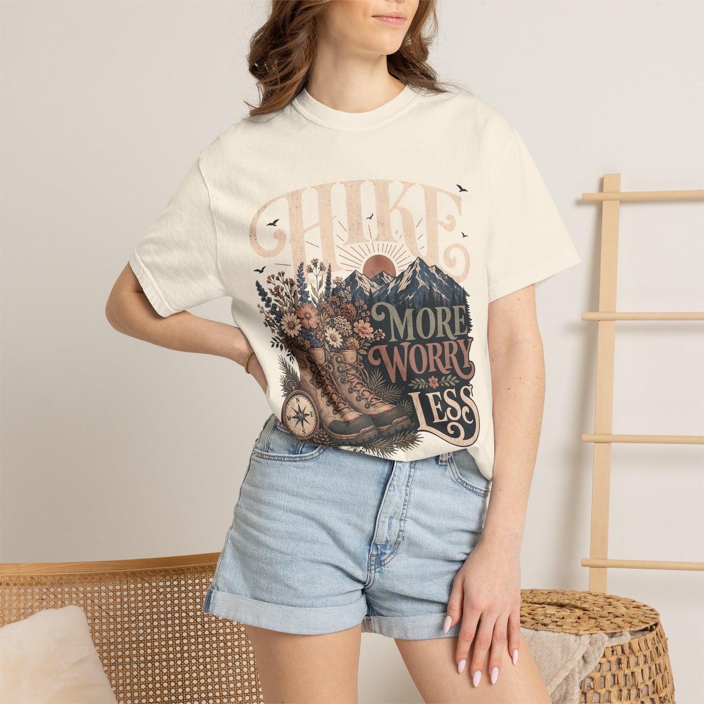 Hike More Worry Less T-Shirt — Vintage Hiking Boots & Mountain Graphic