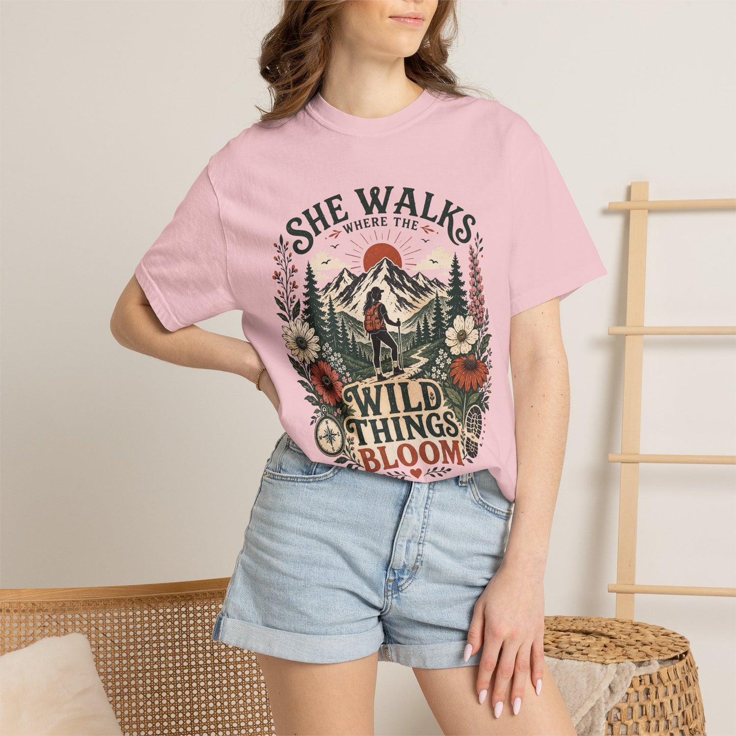 She Walks Where the Wild Things Bloom T-Shirt — Floral Vintage Hiking Tee