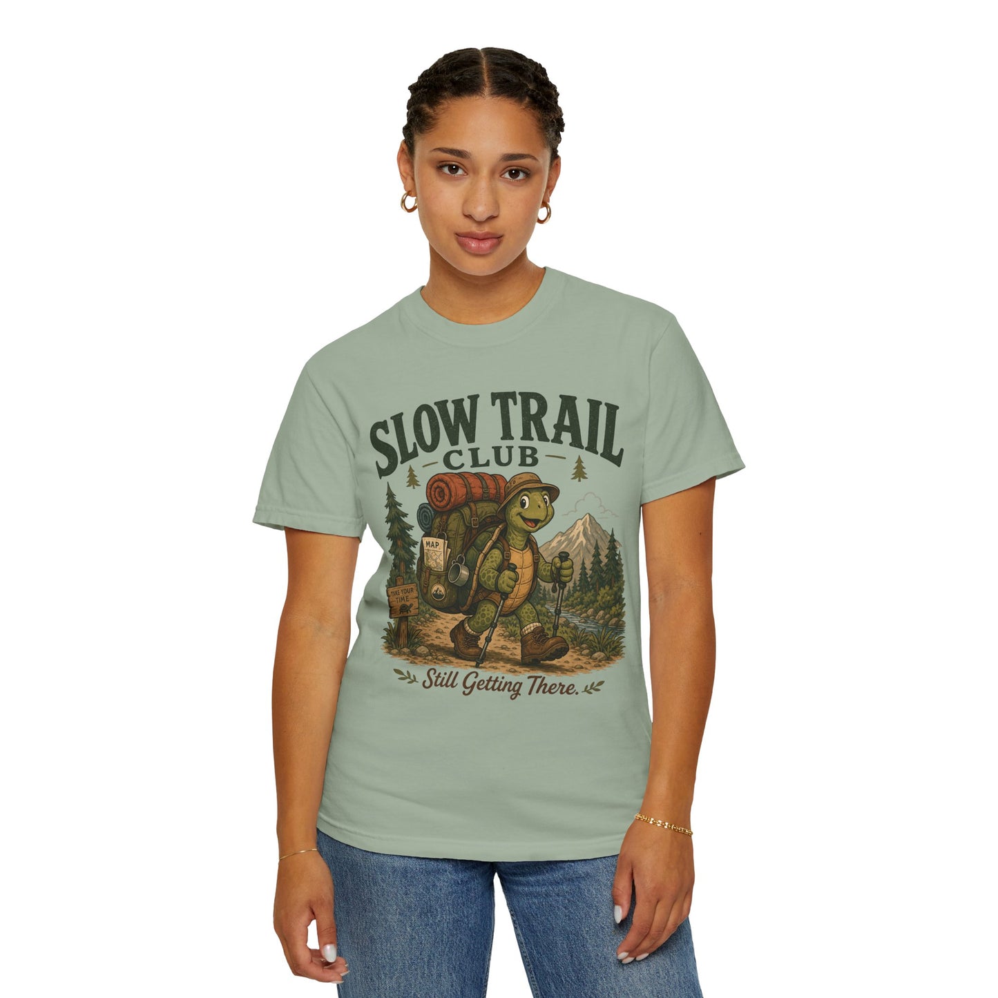 Slow Trail Club T-Shirt — “Still Getting There” Hiking Turtle Graphic Tee
