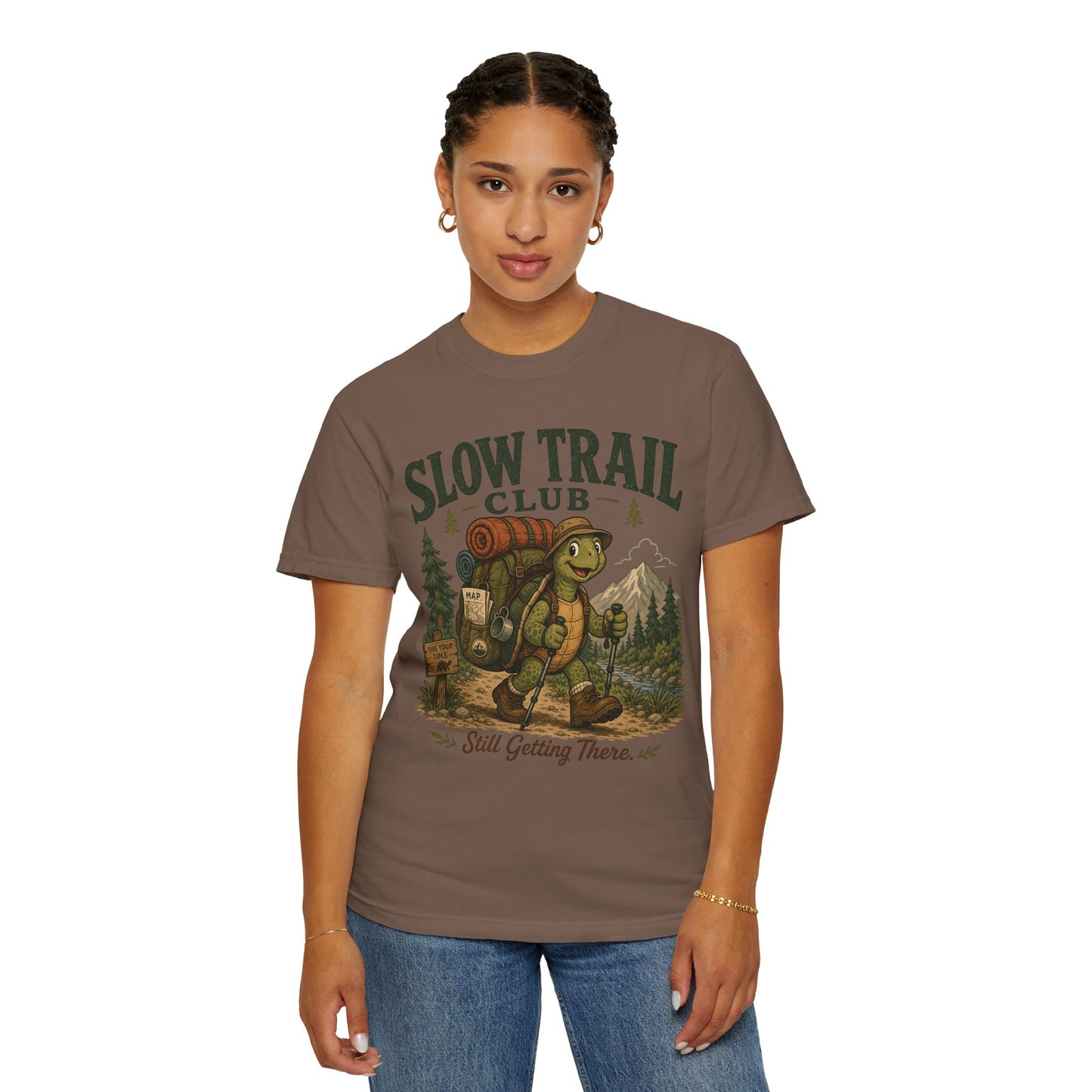 Slow Trail Club T-Shirt — “Still Getting There” Hiking Turtle Graphic Tee