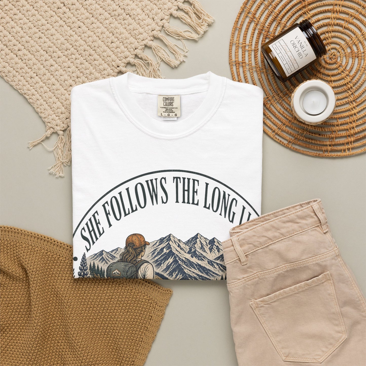 She Follows The Long Light Hiking T-Shirt — Adventure Backpacker Graphic Tee