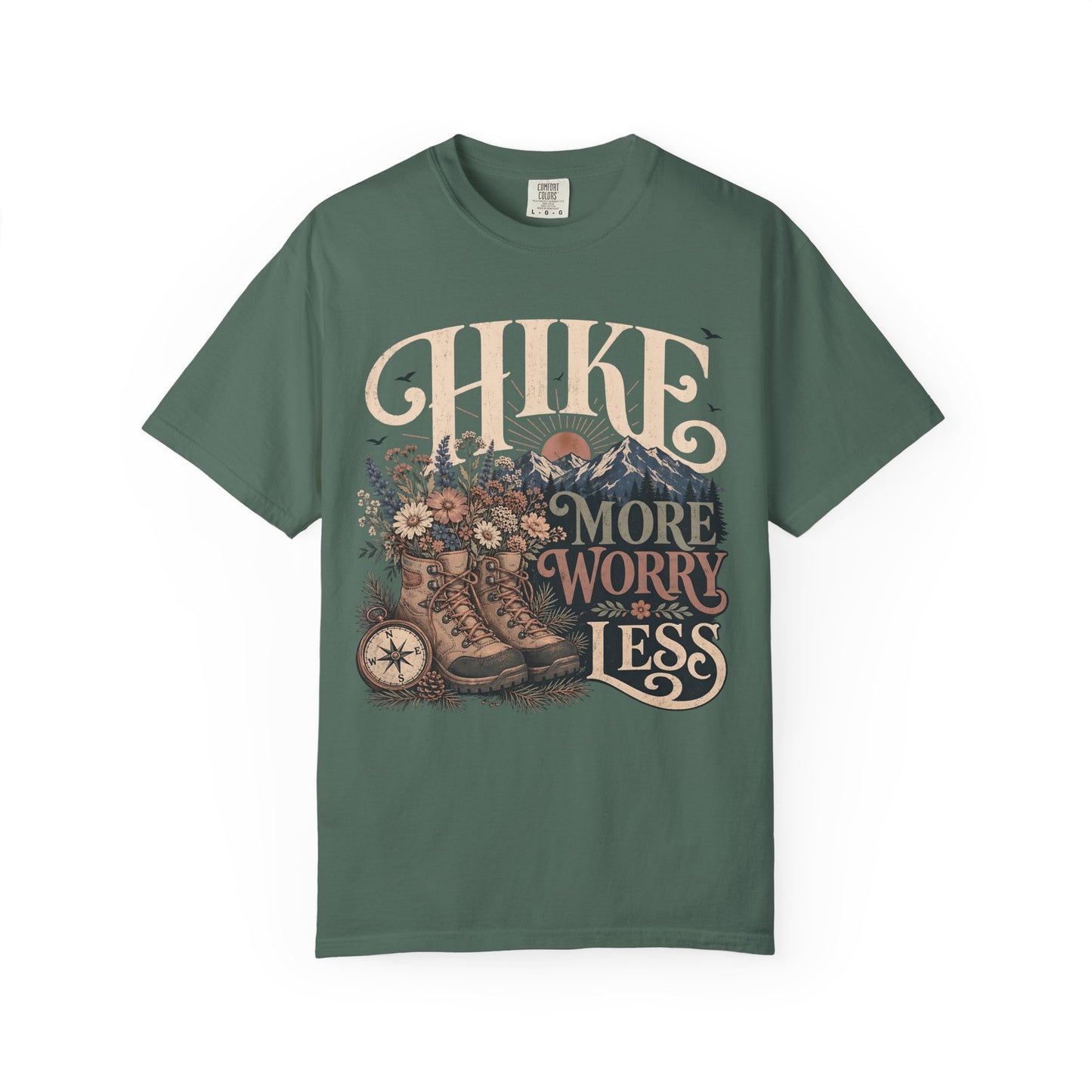 Hike More Worry Less T-Shirt — Vintage Hiking Boots & Mountain Graphic