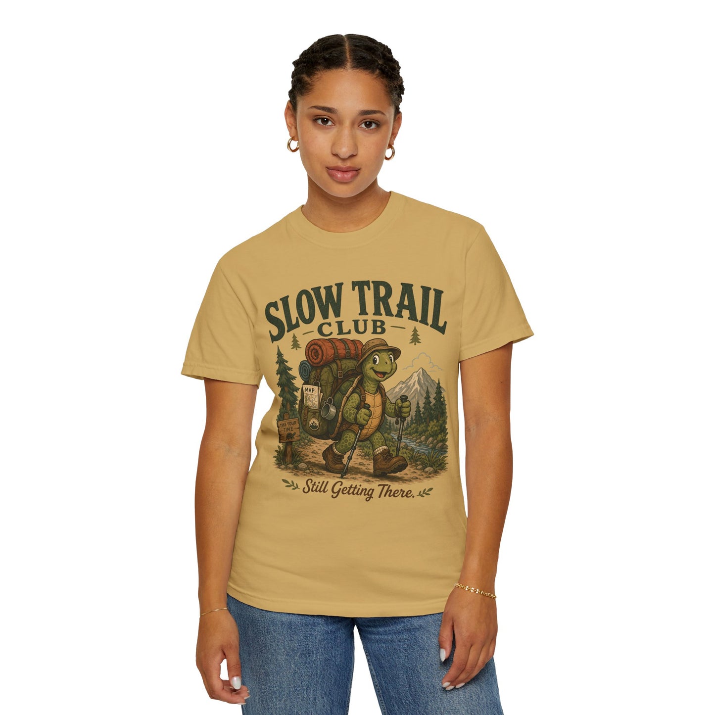 Slow Trail Club T-Shirt — “Still Getting There” Hiking Turtle Graphic Tee
