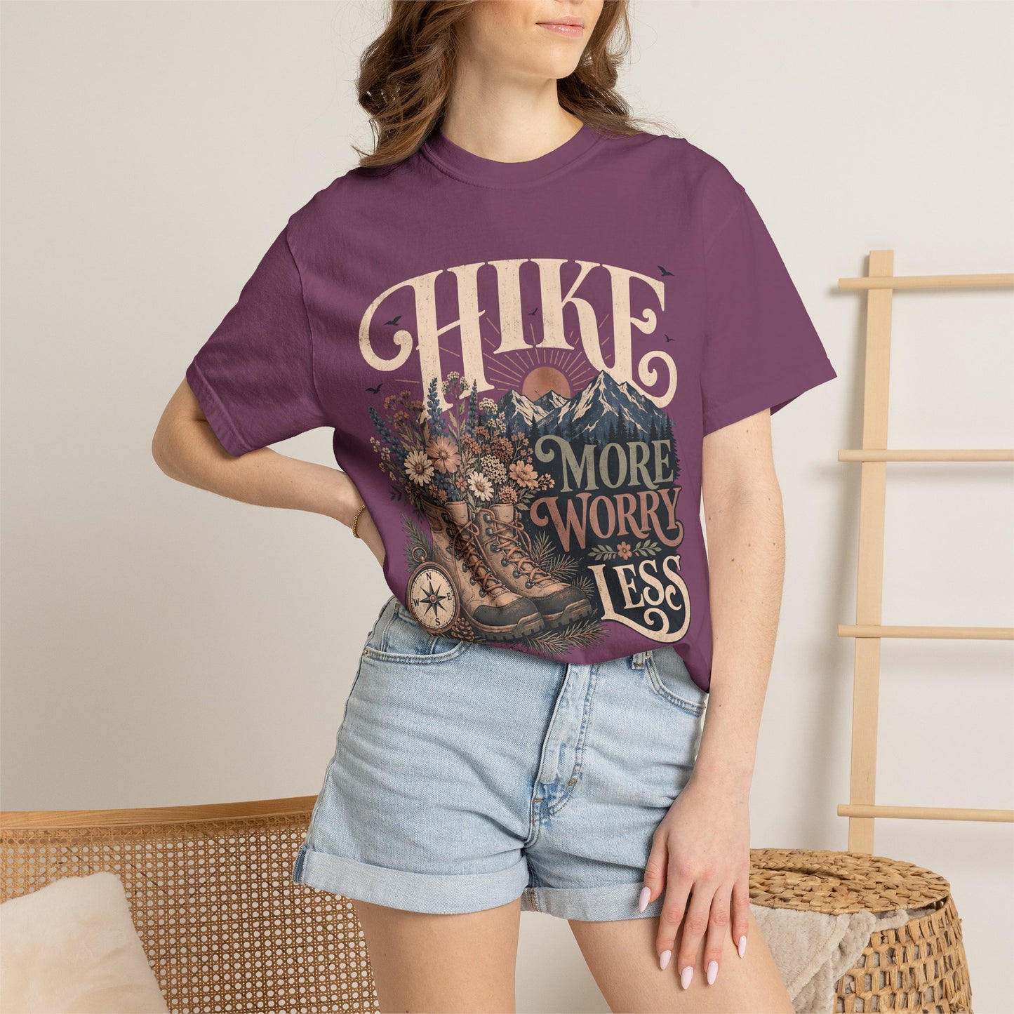 Hike More Worry Less T-Shirt — Vintage Hiking Boots & Mountain Graphic
