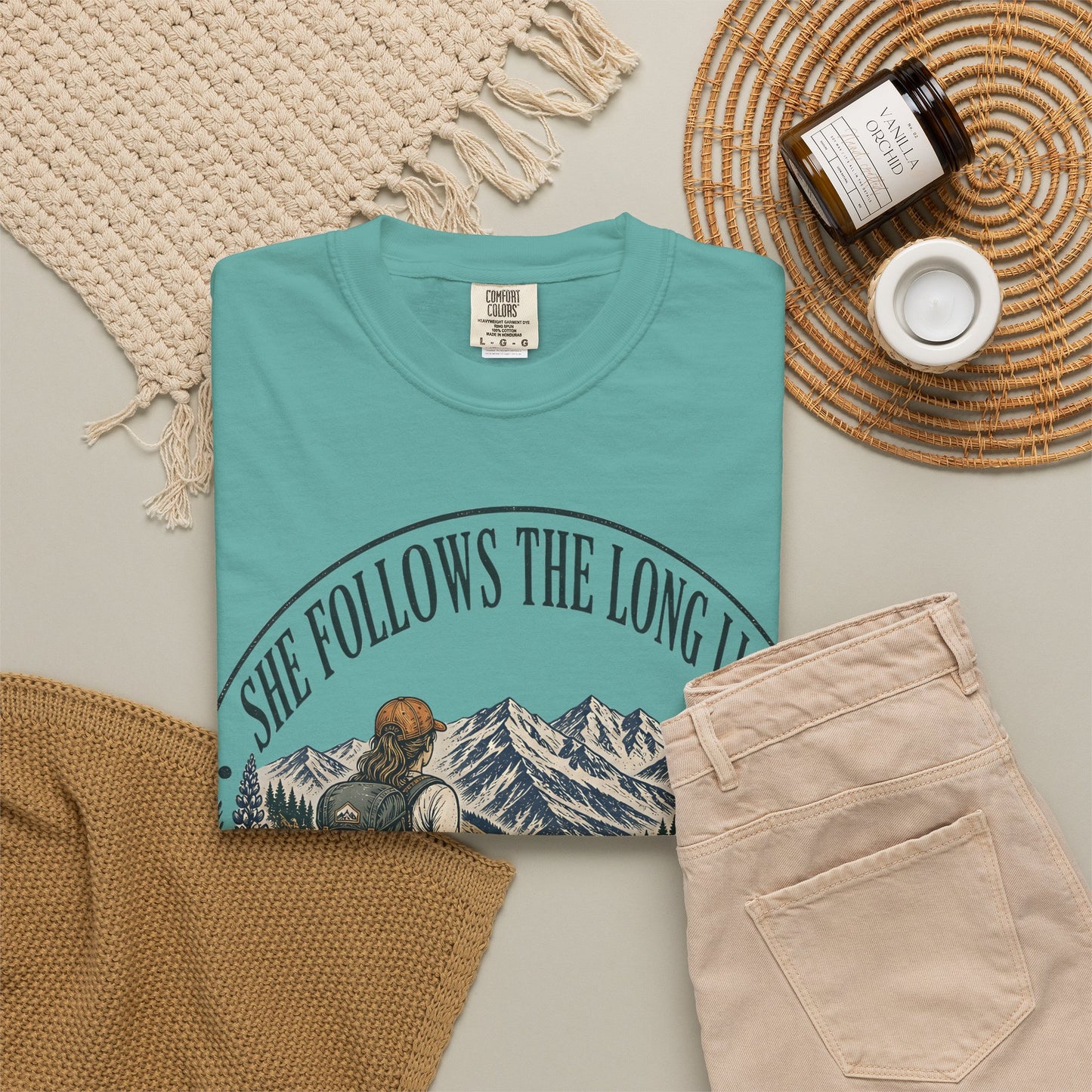 She Follows The Long Light Hiking T-Shirt — Adventure Backpacker Graphic Tee