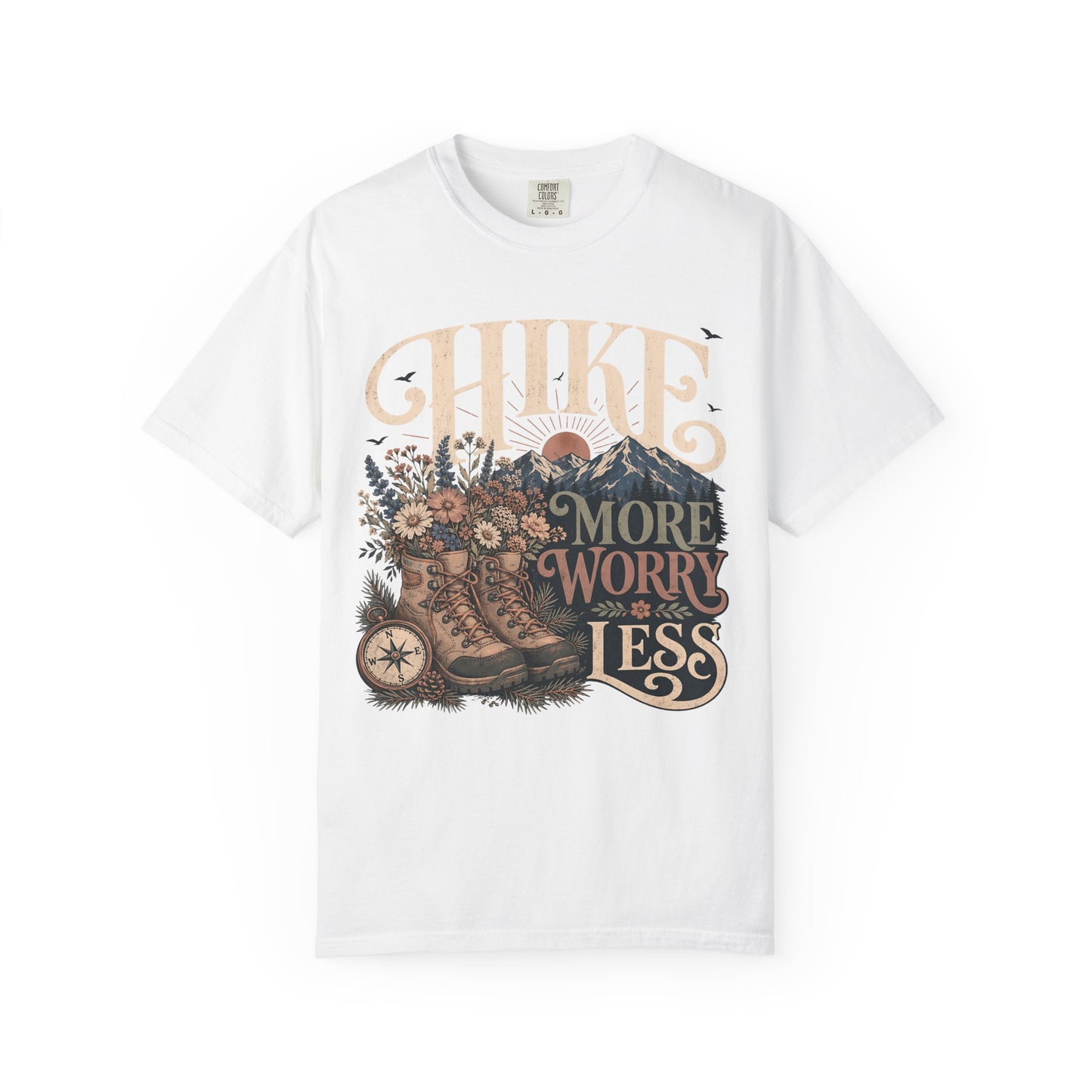 Hike More Worry Less T-Shirt — Vintage Hiking Boots & Mountain Graphic