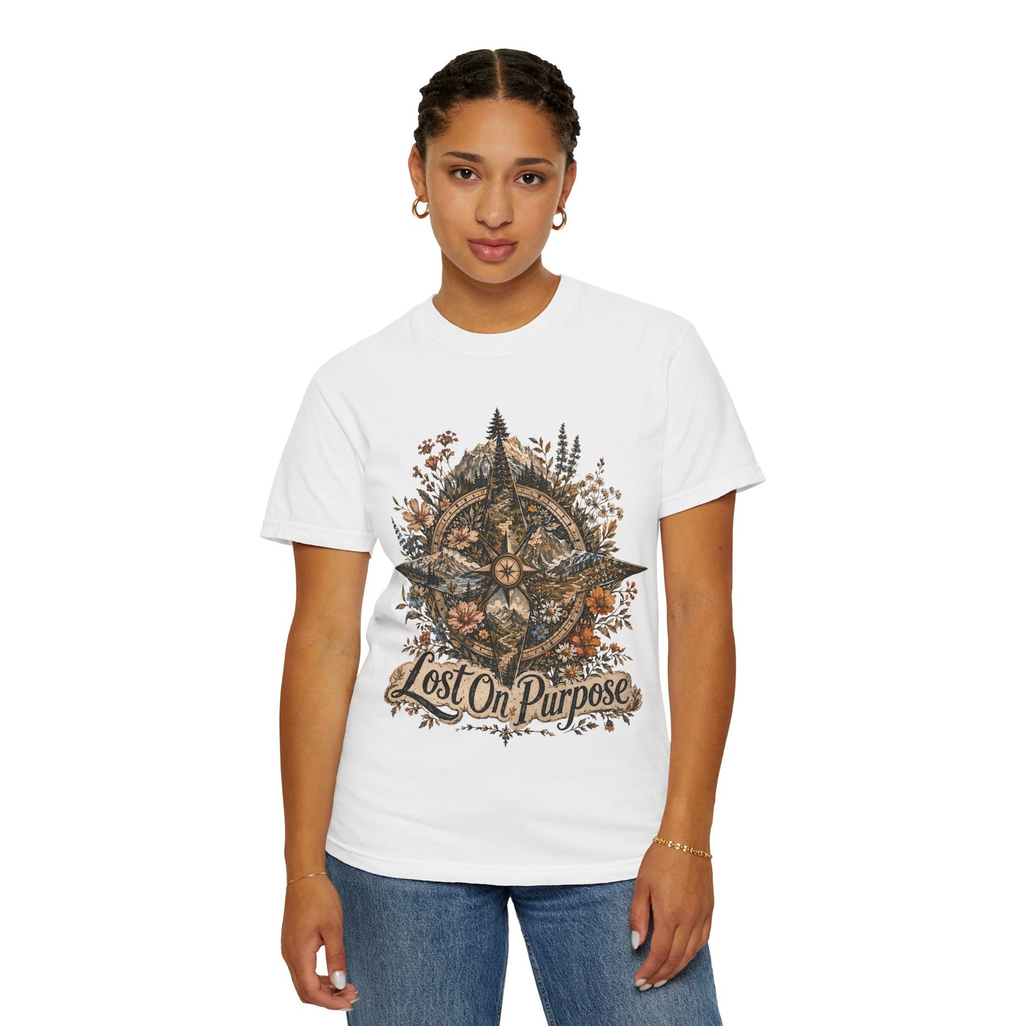 Lost on Purpose Compass T-Shirt — Floral Adventure Graphic Tee
